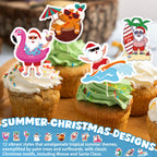 QZYL 24Pcs Summer Christmas Cupcake Toppers – Santa Beach & Flamingo Cake Picks for Xmas in July