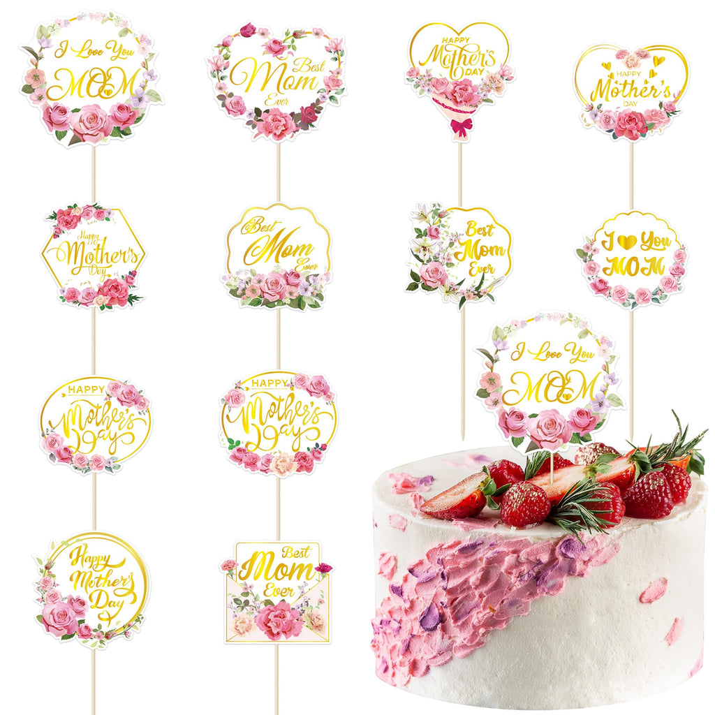 QZYL 12Pcs Happy Mother's Day Cupcake Toppers – Gold Floral Cake Picks for Mom