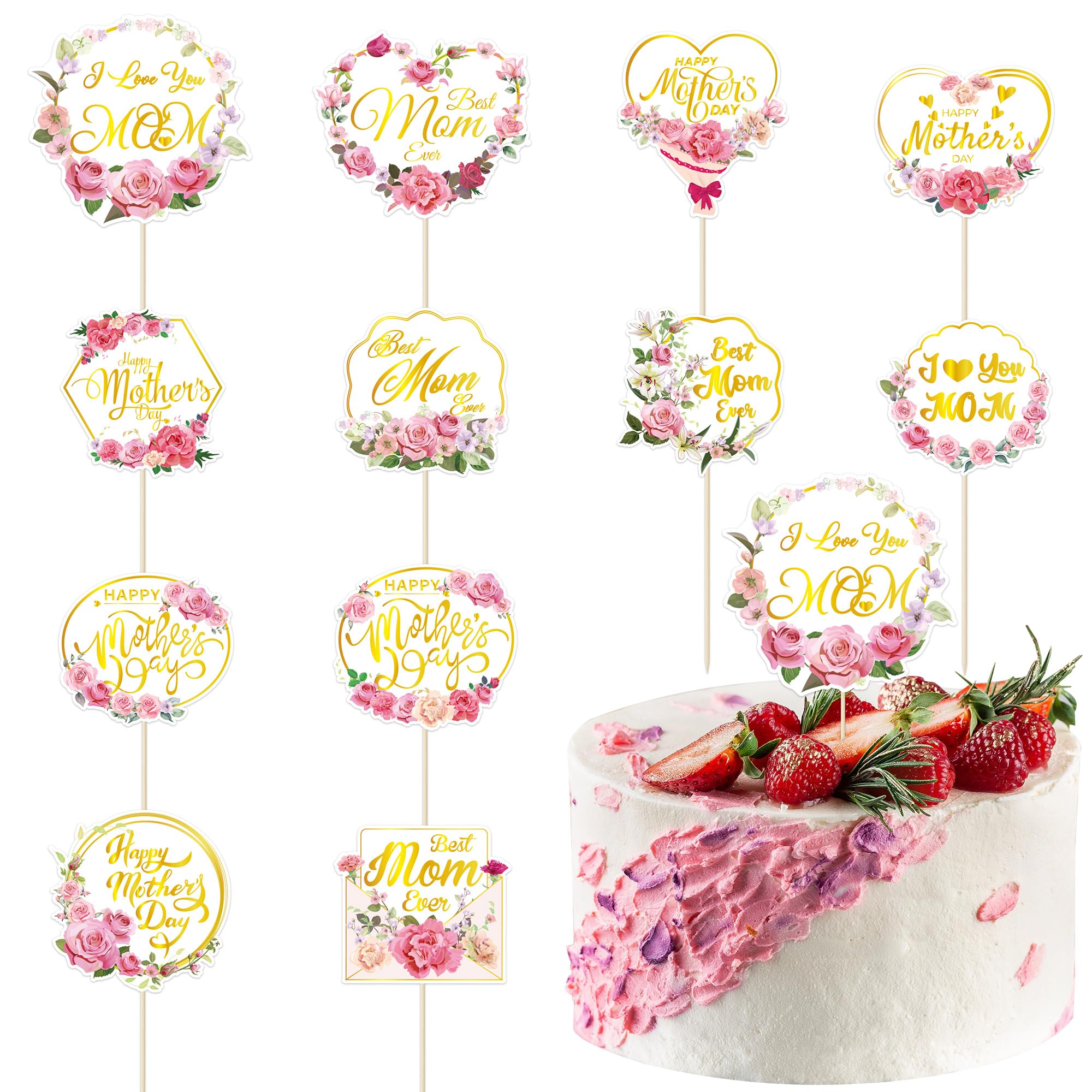 QZYL 12Pcs Happy Mother's Day Cupcake Toppers – Gold Floral Cake Picks for Mom