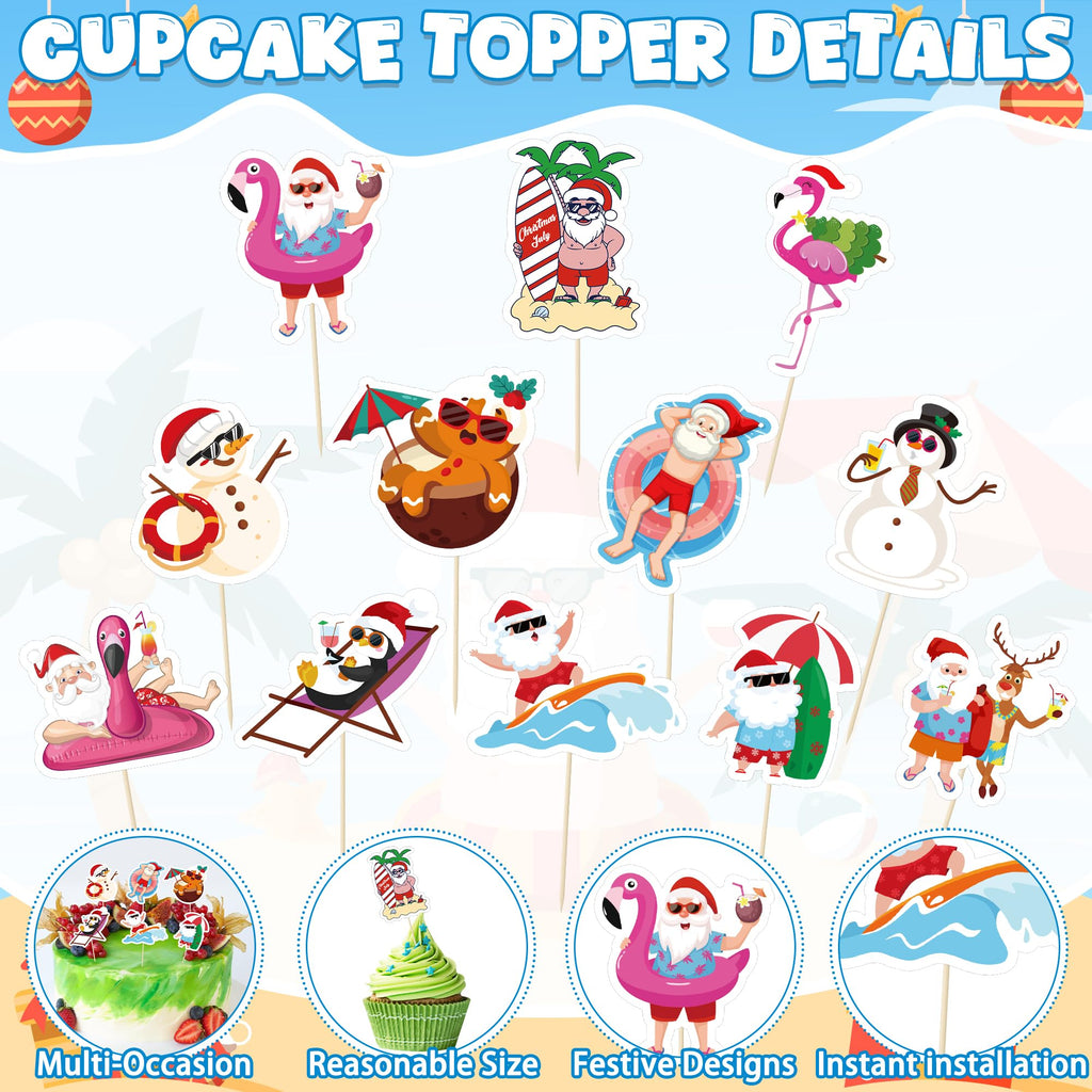 QZYL 24Pcs Summer Christmas Cupcake Toppers – Santa Beach & Flamingo Cake Picks for Xmas in July
