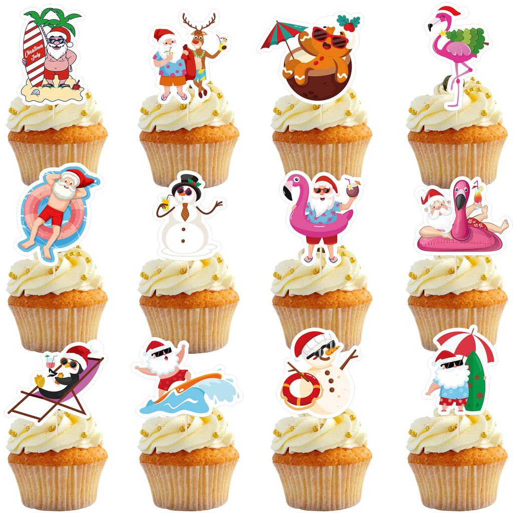 QZYL 24Pcs Summer Christmas Cupcake Toppers – Santa Beach & Flamingo Cake Picks for Xmas in July