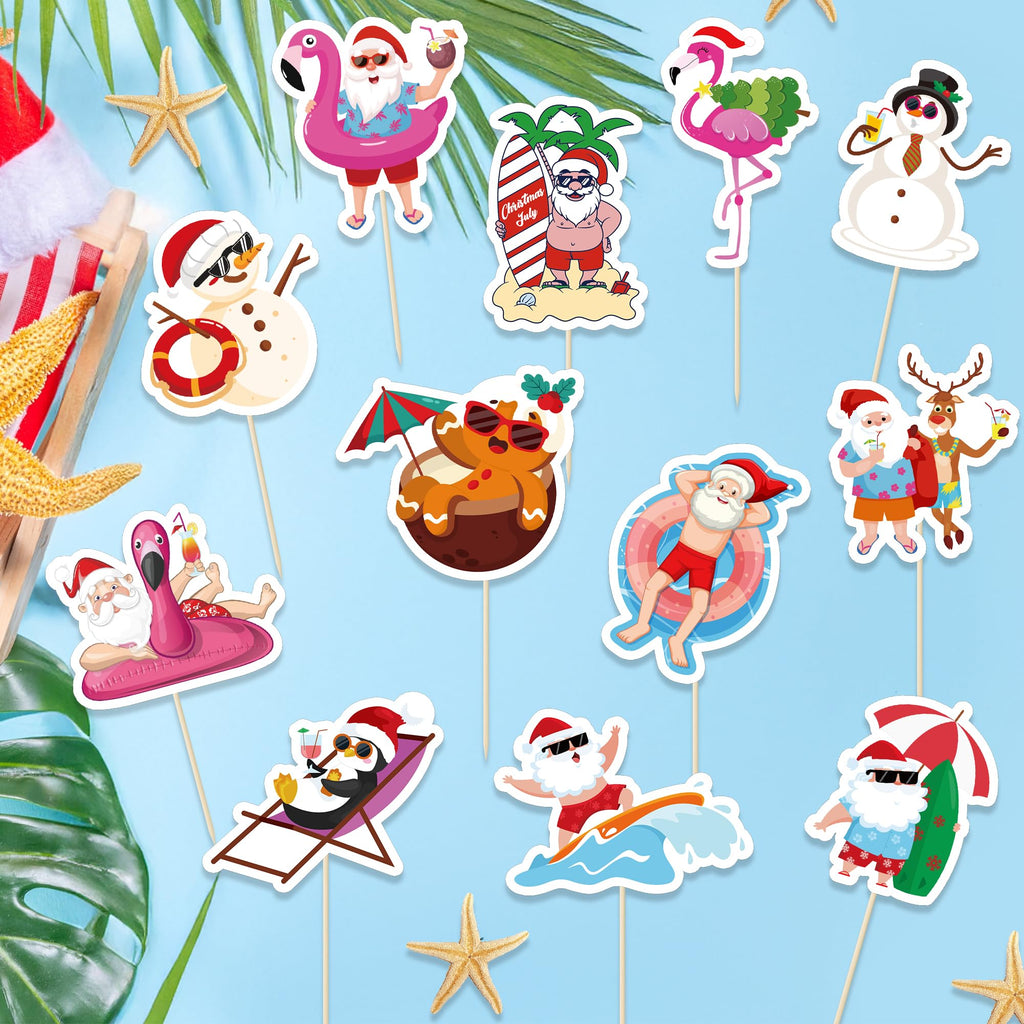 QZYL 24Pcs Summer Christmas Cupcake Toppers – Santa Beach & Flamingo Cake Picks for Xmas in July