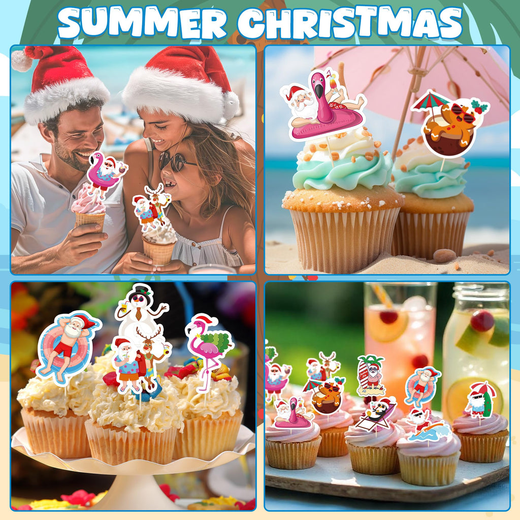 QZYL 24Pcs Summer Christmas Cupcake Toppers – Santa Beach & Flamingo Cake Picks for Xmas in July