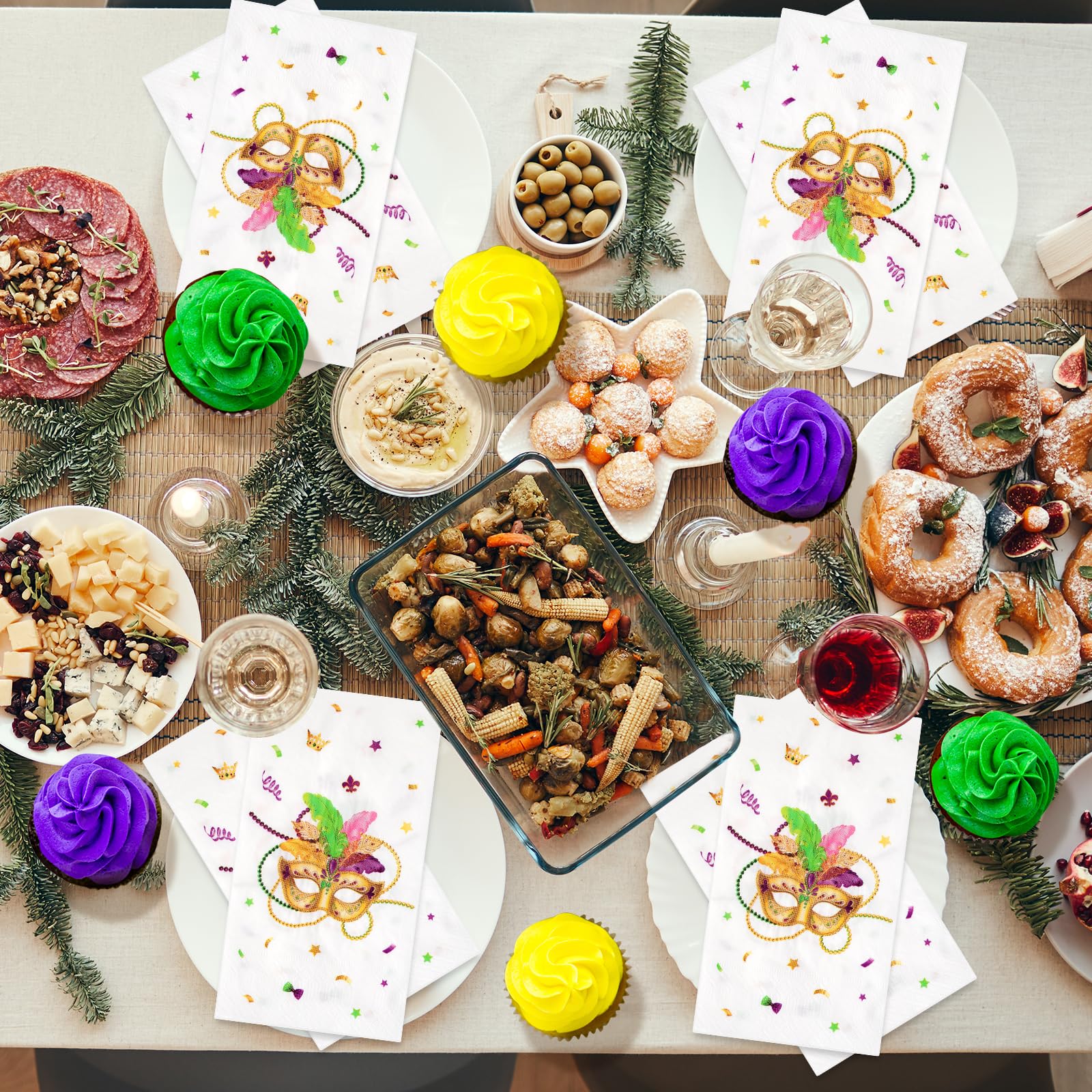 Ragnhild Mardi Gras Napkins — 100-Count Rectangle Cocktail Napkins for Carnival Party Decor