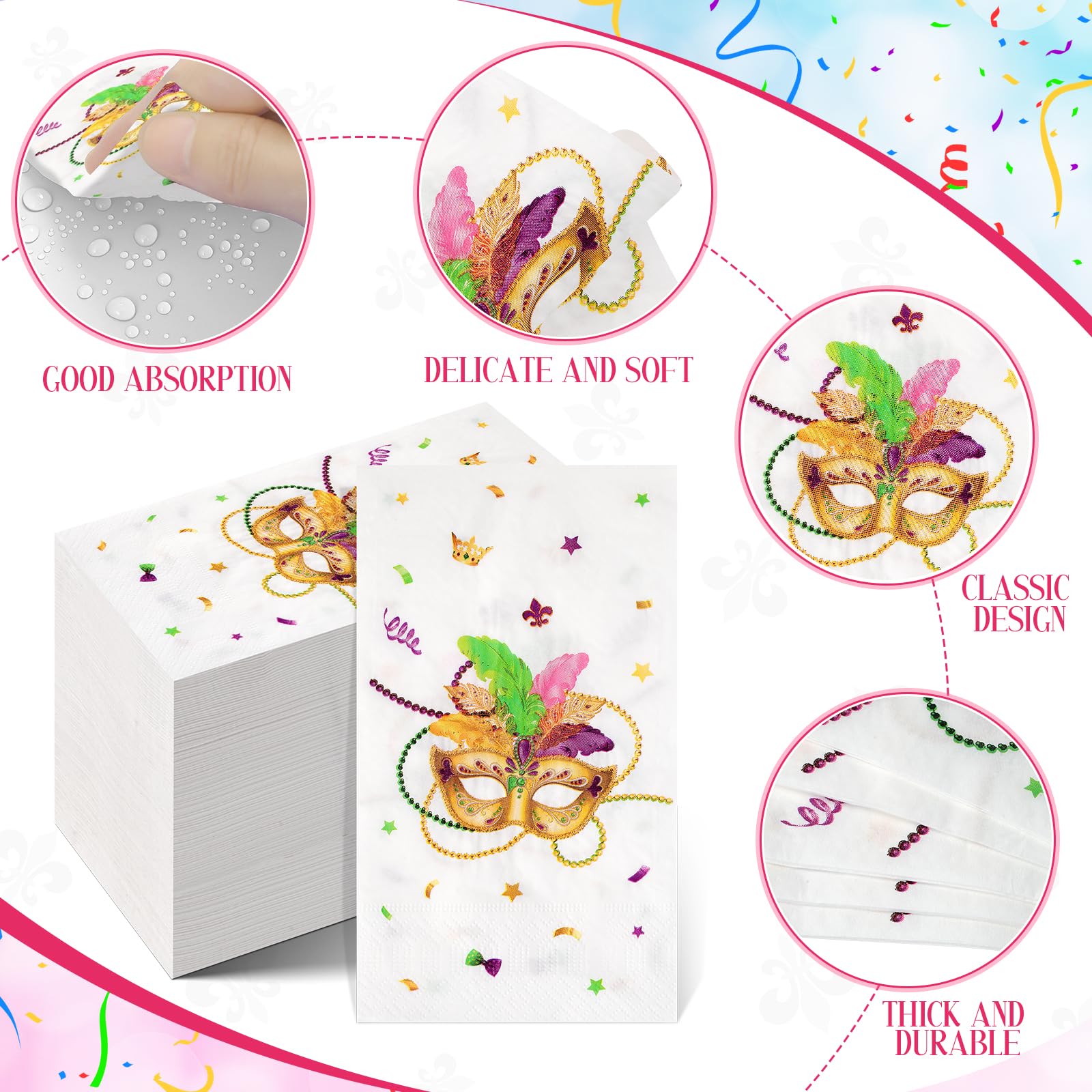 Ragnhild Mardi Gras Napkins — 100-Count Rectangle Cocktail Napkins for Carnival Party Decor