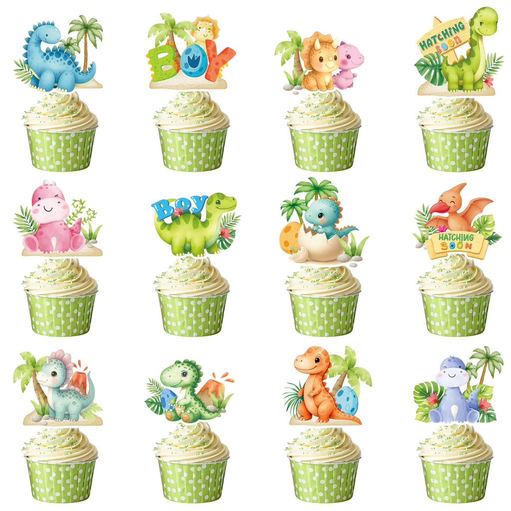 Rakuto Dinosaur Baby Shower Decorations 36Pcs Cupcake Toppers – Hatching Soon & It's a Boy