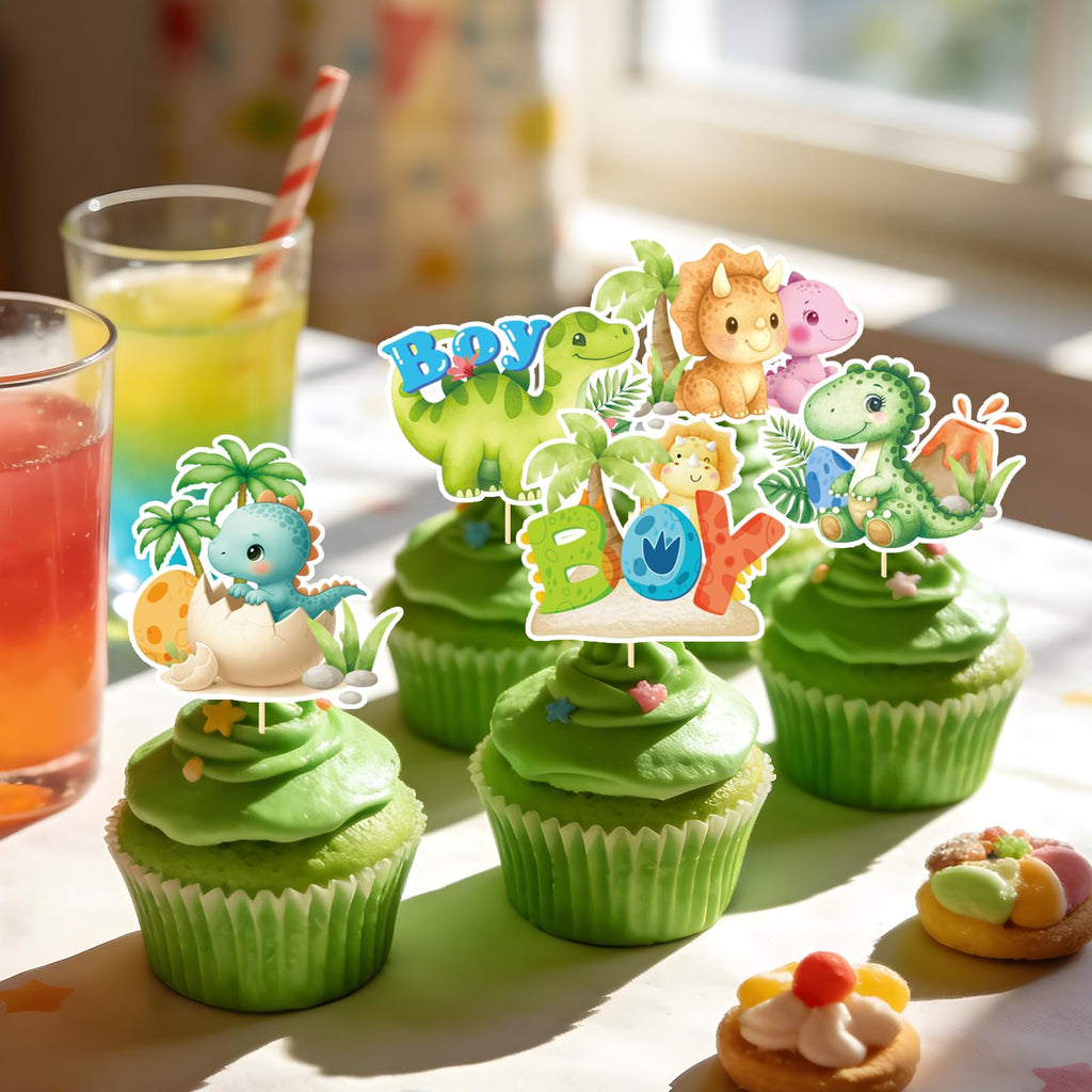 Rakuto Dinosaur Baby Shower Decorations 36Pcs Cupcake Toppers – Hatching Soon & It's a Boy