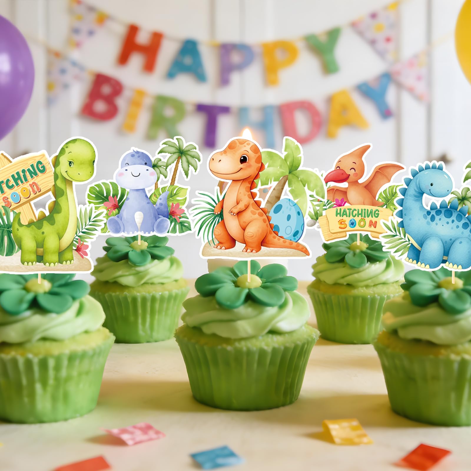 Rakuto Dinosaur Baby Shower Decorations 36Pcs Cupcake Toppers – Hatching Soon & It's a Boy