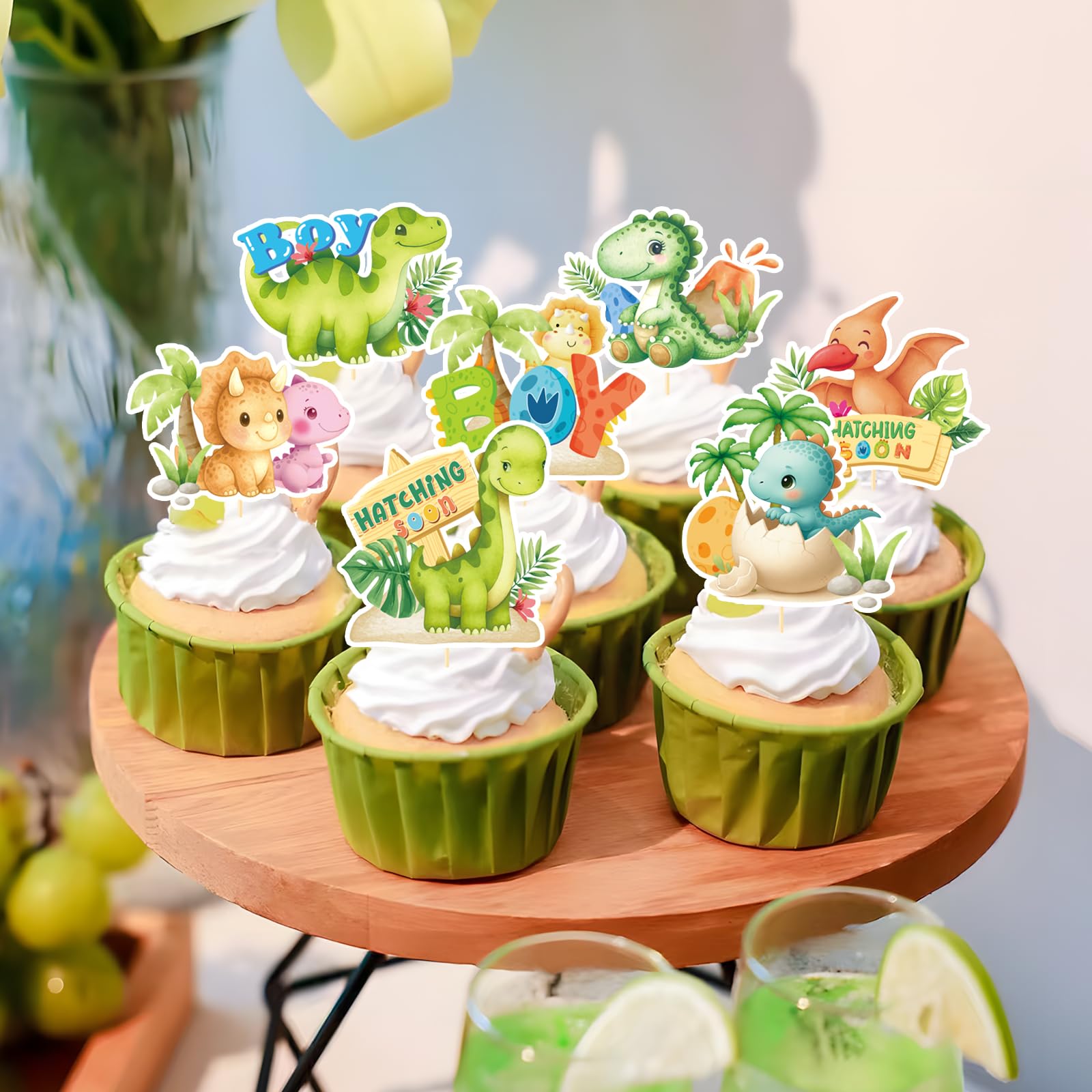 Rakuto Dinosaur Baby Shower Decorations 36Pcs Cupcake Toppers – Hatching Soon & It's a Boy