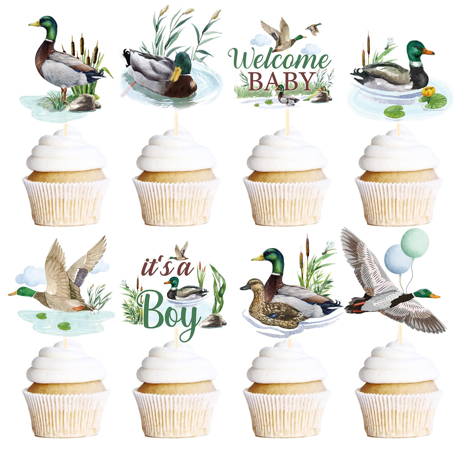 Rakuto Mallard Duck Baby Shower Decorations – 40Pcs Cupcake Toppers (It’s a Boy)