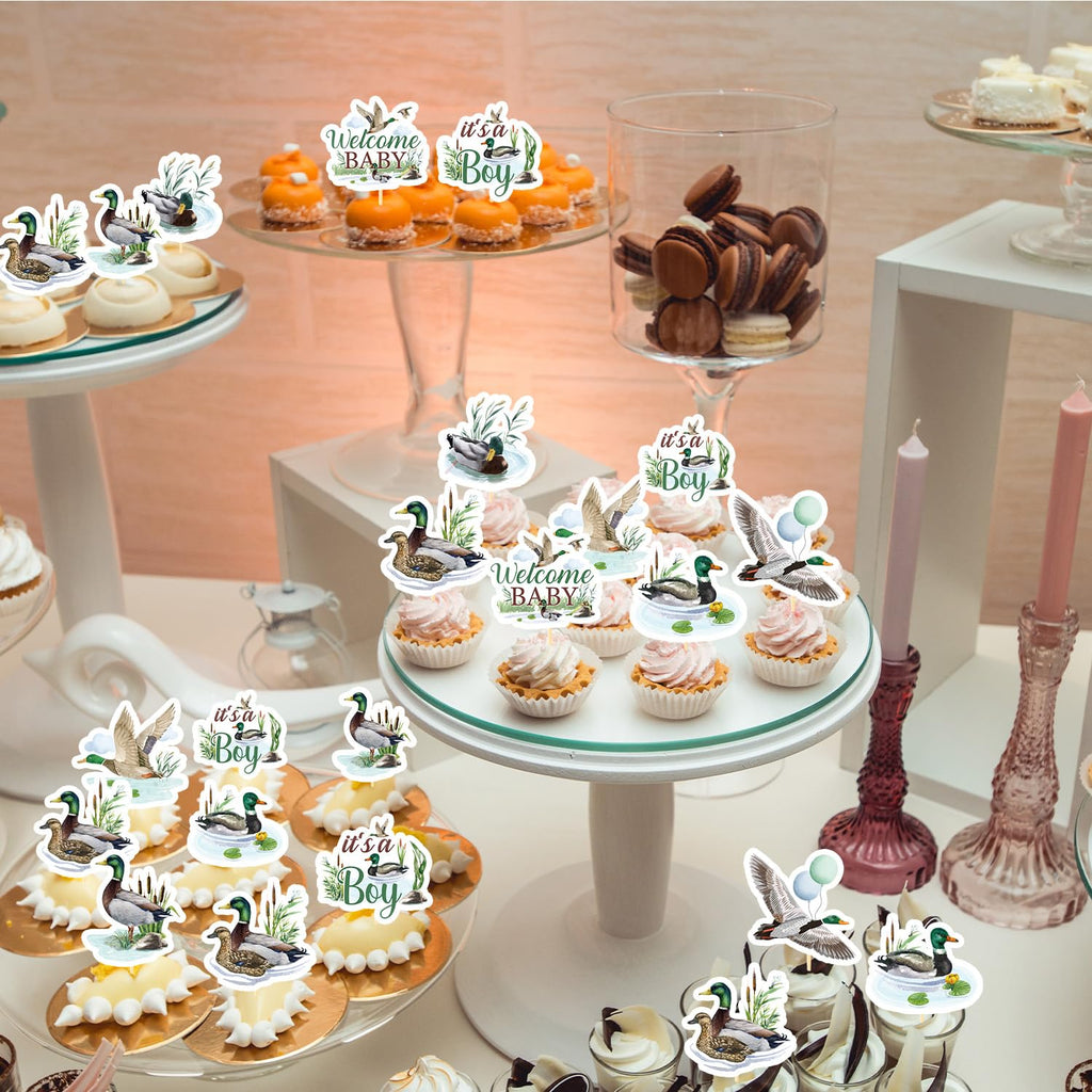 Rakuto Mallard Duck Baby Shower Decorations – 40Pcs Cupcake Toppers (It’s a Boy)