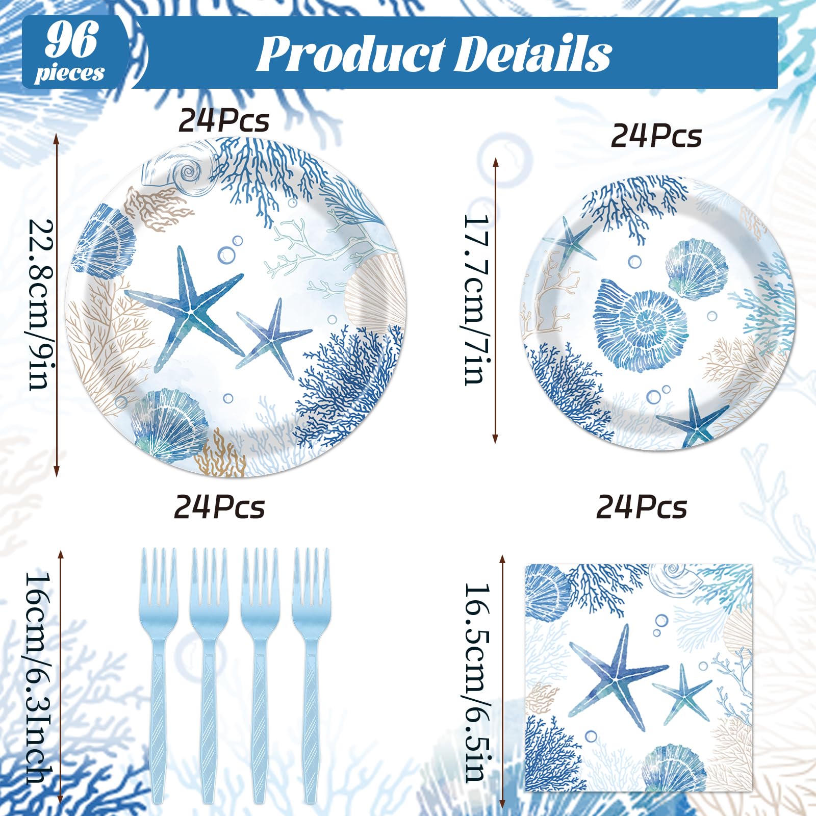 Rakuto Ocean Themed Party Decorations – 96pc Beach Tableware Set Serves 24