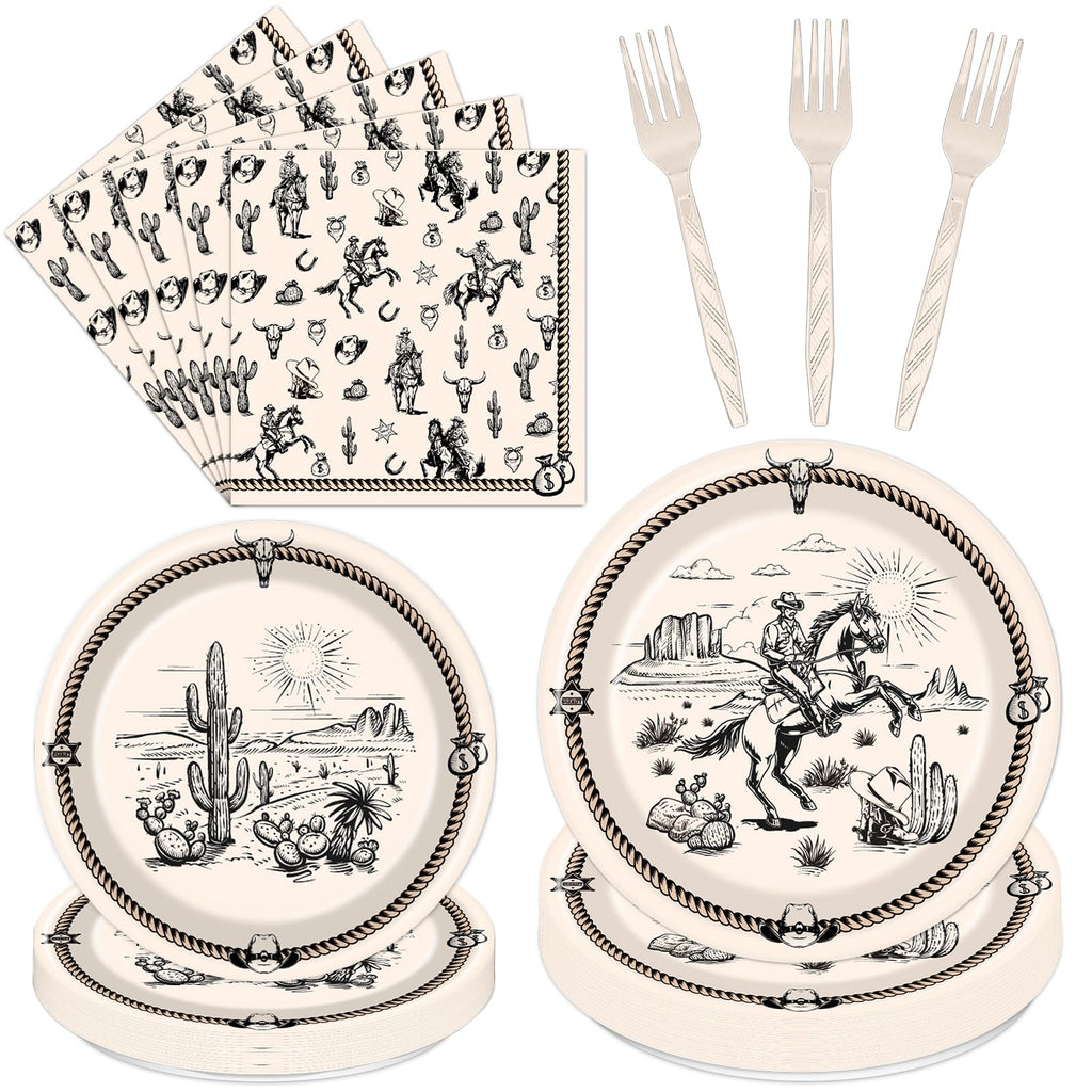 Rakuto Western Party Tableware – 96Pcs Cowboy Plates & Napkins for 24 Guests