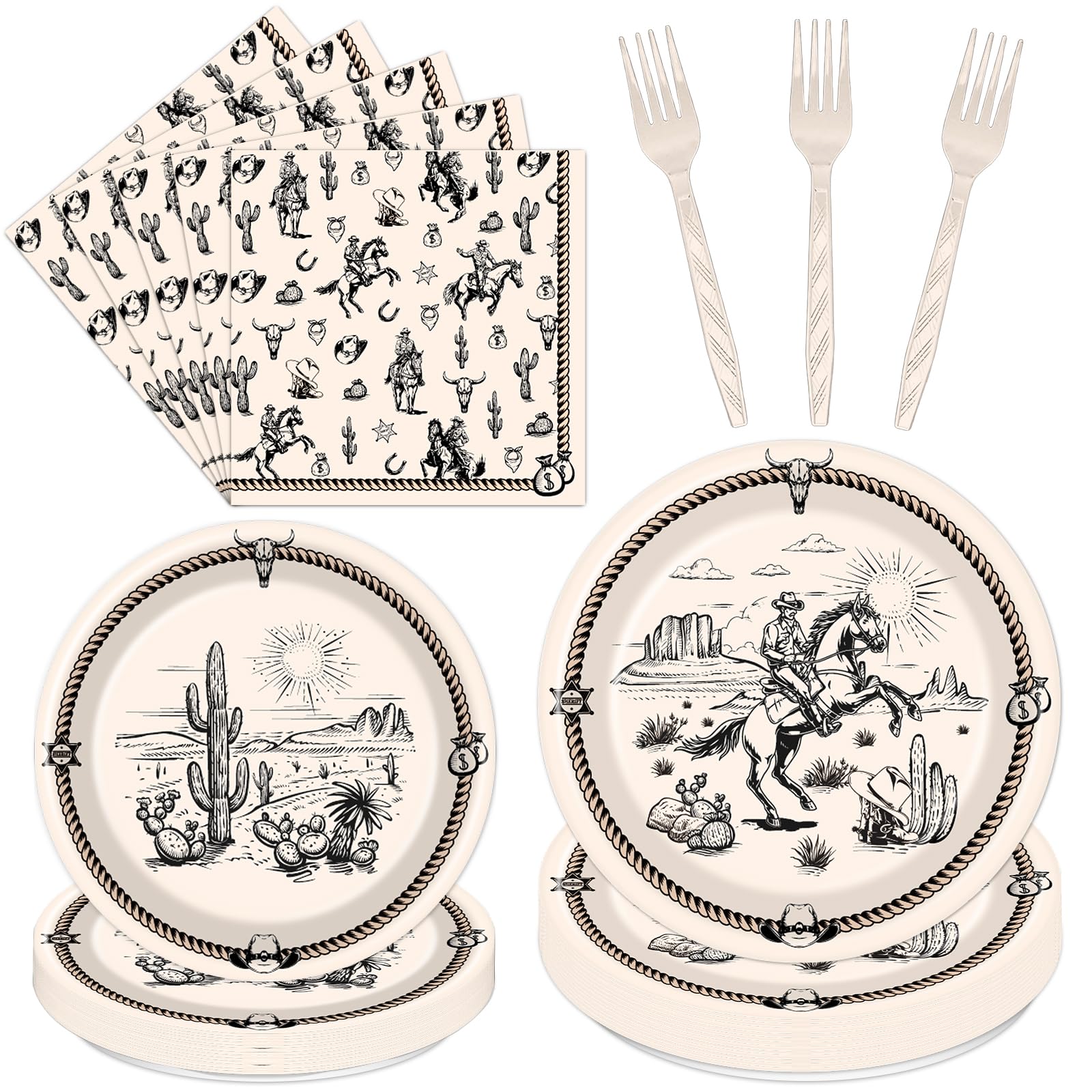 Rakuto Western Party Tableware – 96Pcs Cowboy Plates & Napkins for 24 Guests