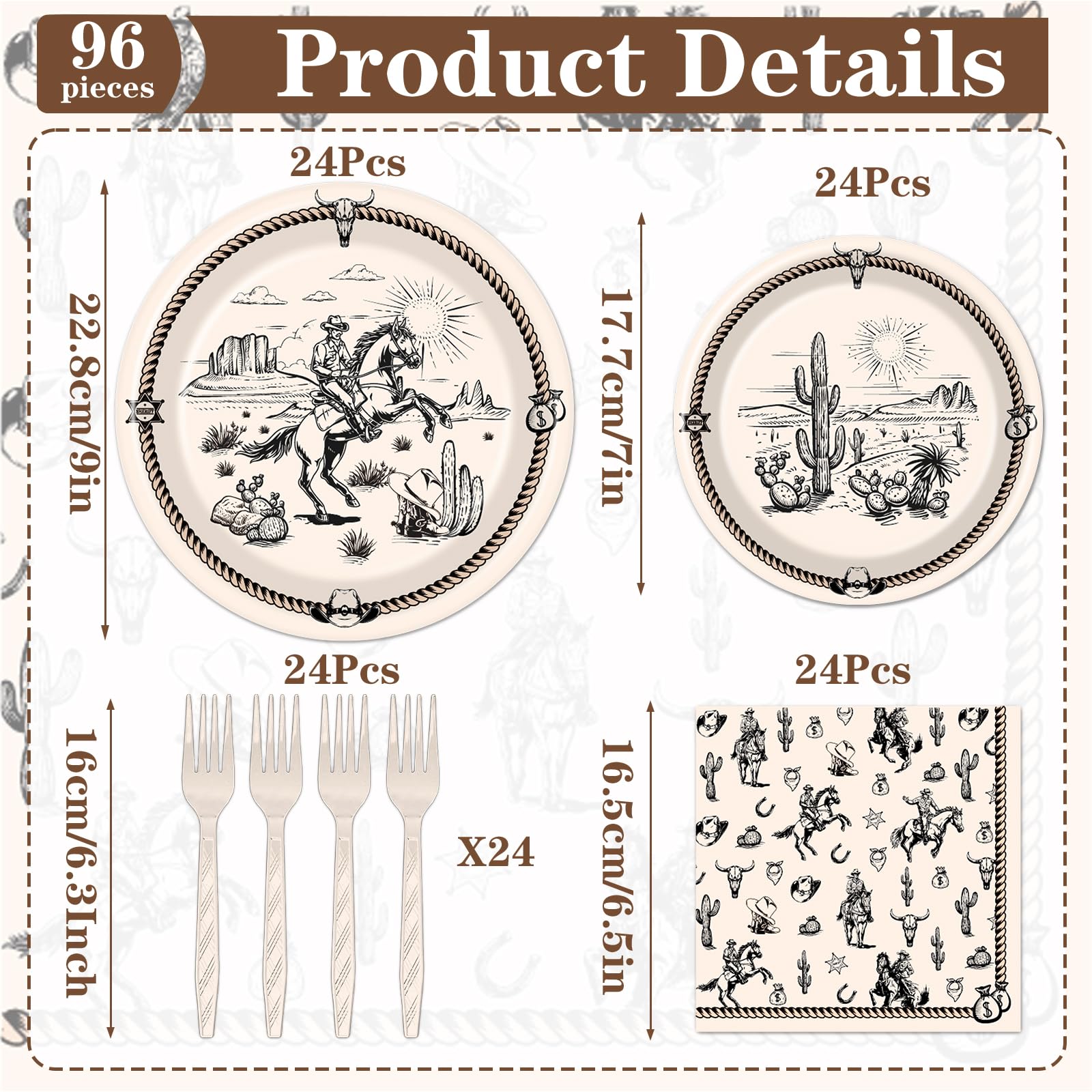 Rakuto Western Party Tableware – 96Pcs Cowboy Plates & Napkins for 24 Guests