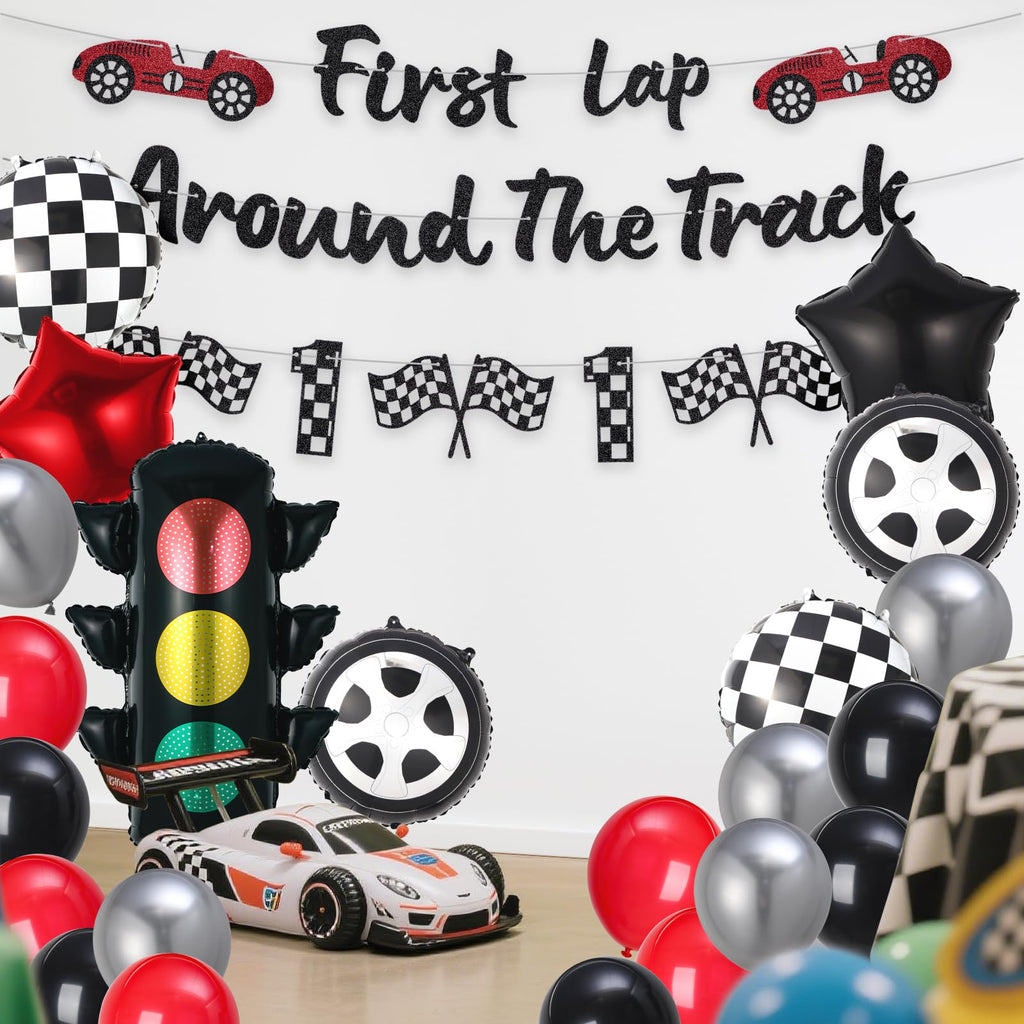 RANERVZ Glitter First Lap Around The Track Banner – Black Red Race Car Birthday Backdrop