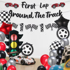 RANERVZ Glitter First Lap Around The Track Banner – Black Red Race Car Birthday Backdrop