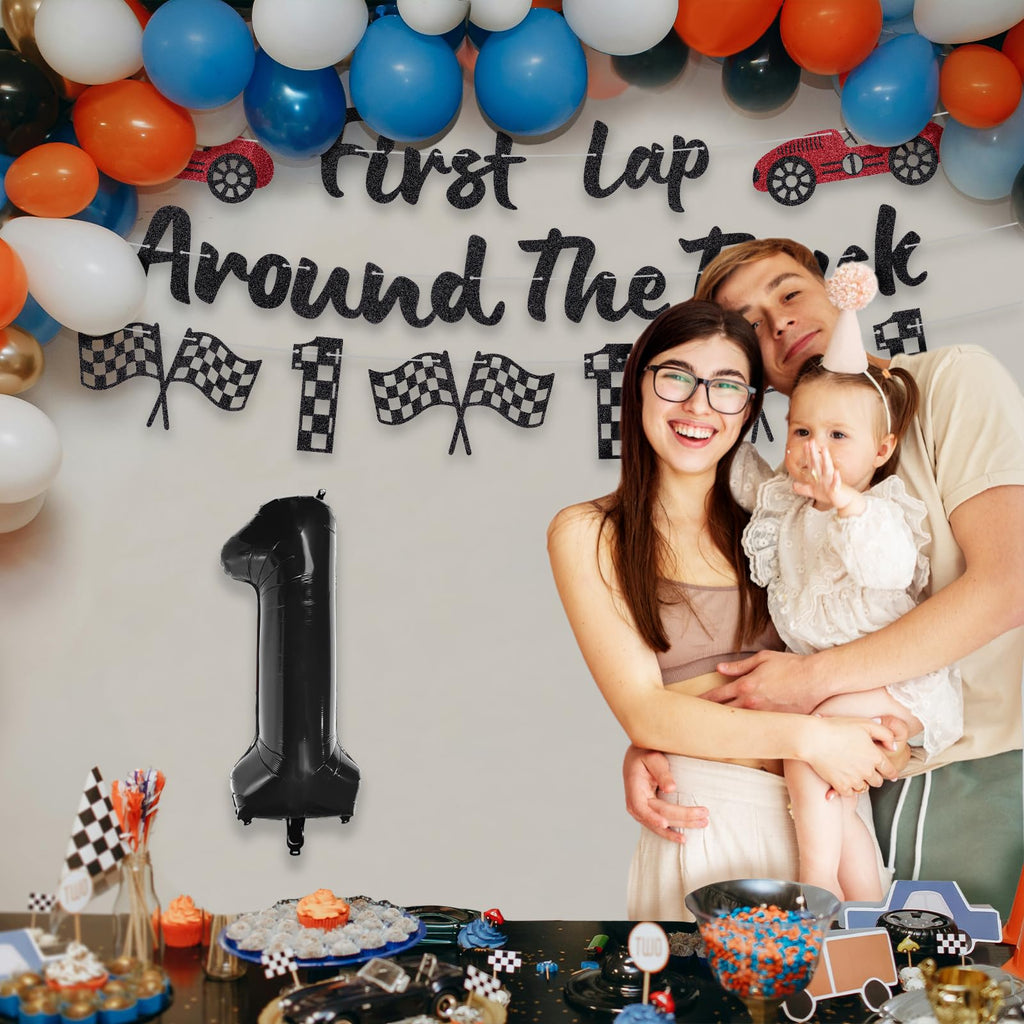 RANERVZ Glitter First Lap Around The Track Banner – Black Red Race Car Birthday Backdrop