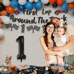 RANERVZ Glitter First Lap Around The Track Banner – Black Red Race Car Birthday Backdrop