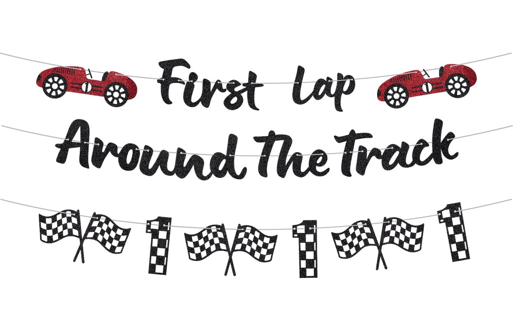 RANERVZ Glitter First Lap Around The Track Banner – Black Red Race Car Birthday Backdrop