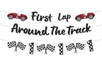 RANERVZ Glitter First Lap Around The Track Banner – Black Red Race Car Birthday Backdrop