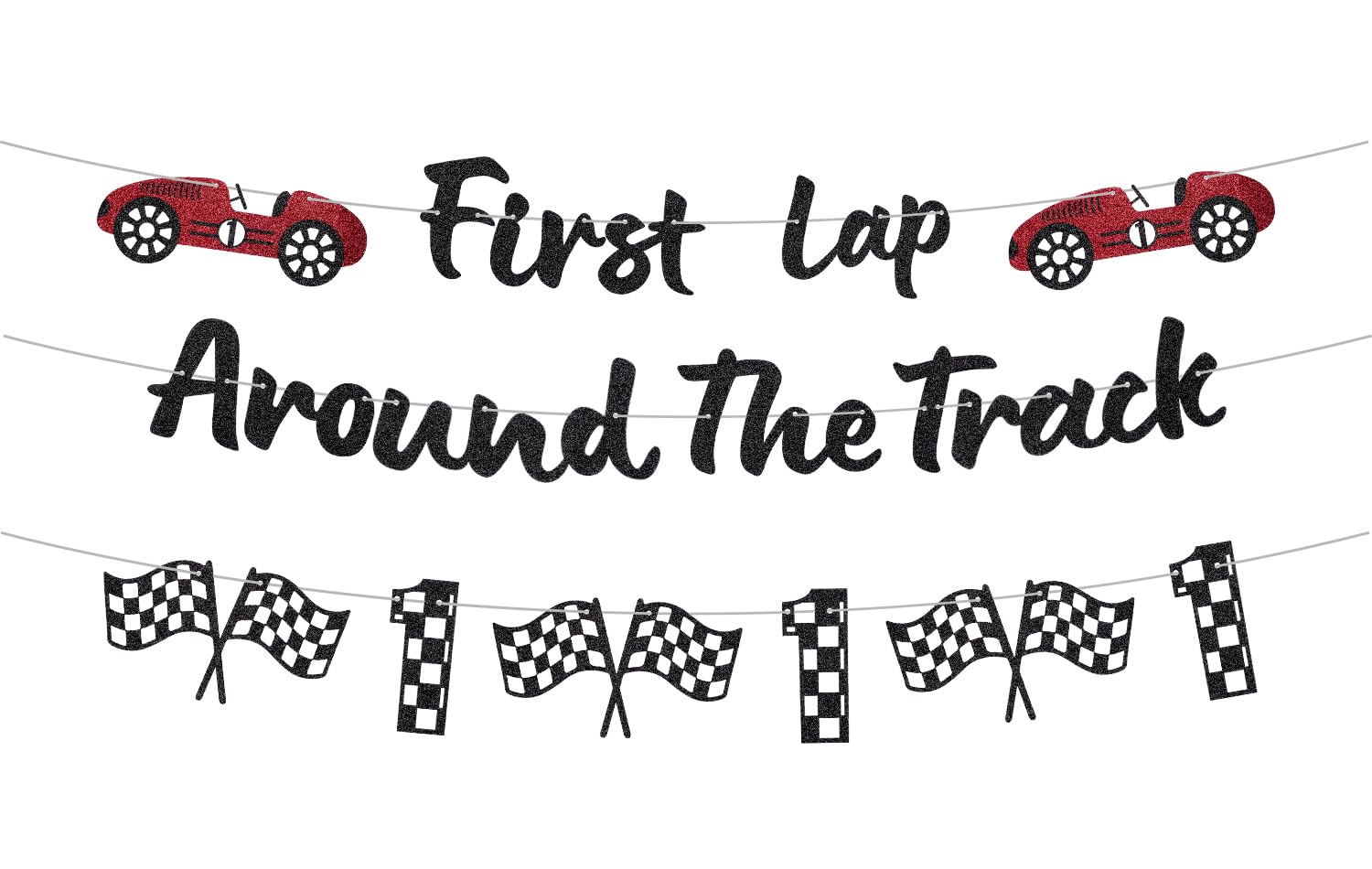 RANERVZ Glitter First Lap Around The Track Banner – Black Red Race Car Birthday Backdrop