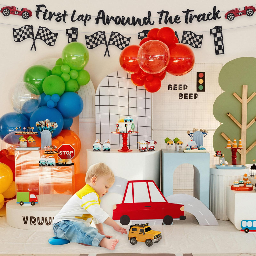 RANERVZ Glitter First Lap Around The Track Banner – Black Red Race Car Birthday Backdrop