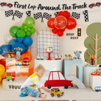RANERVZ Glitter First Lap Around The Track Banner – Black Red Race Car Birthday Backdrop