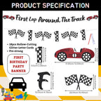 RANERVZ Glitter First Lap Around The Track Banner – Black Red Race Car Birthday Backdrop