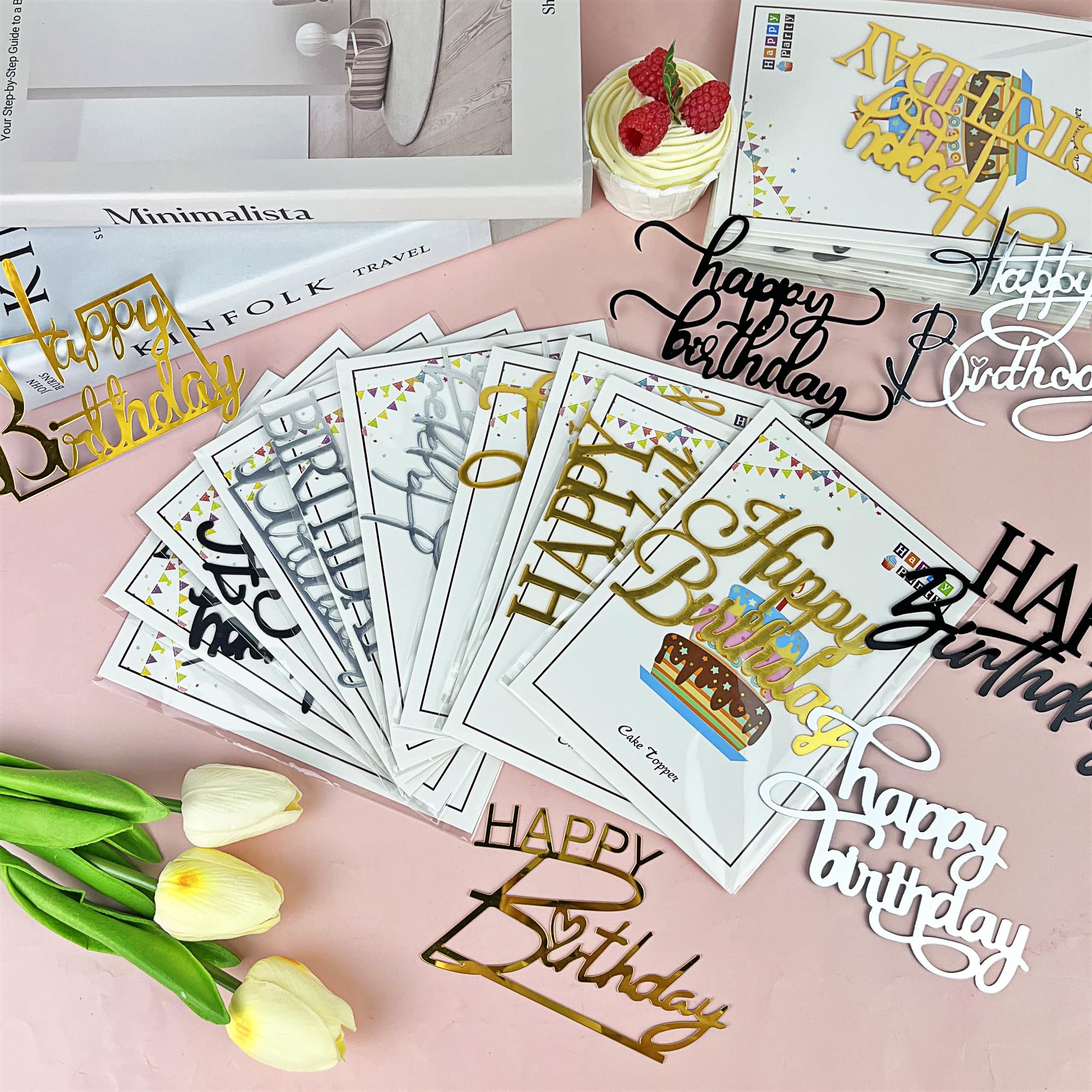 RASSLISA 36 PCS Happy Birthday Cake Toppers – Mirror Acrylic, 12 Styles, 3 Colors
