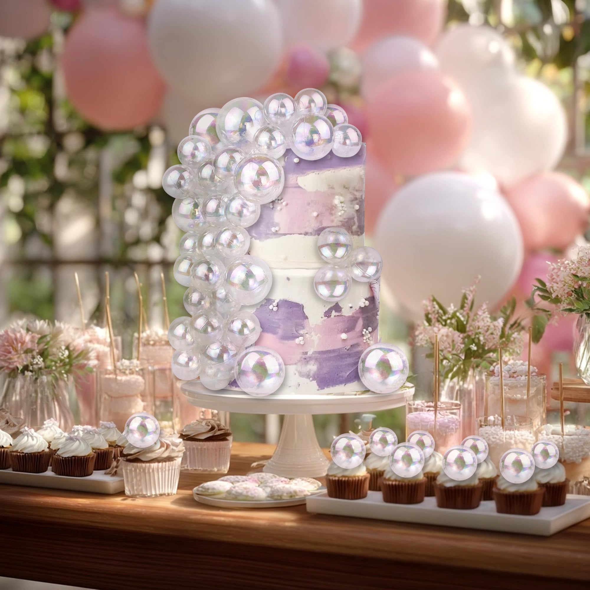 RASSLISA 56 PCS Clear Balls Cake Topper Set – Bubble Ball Cake Picks for Weddings, Birthdays & Baby Showers