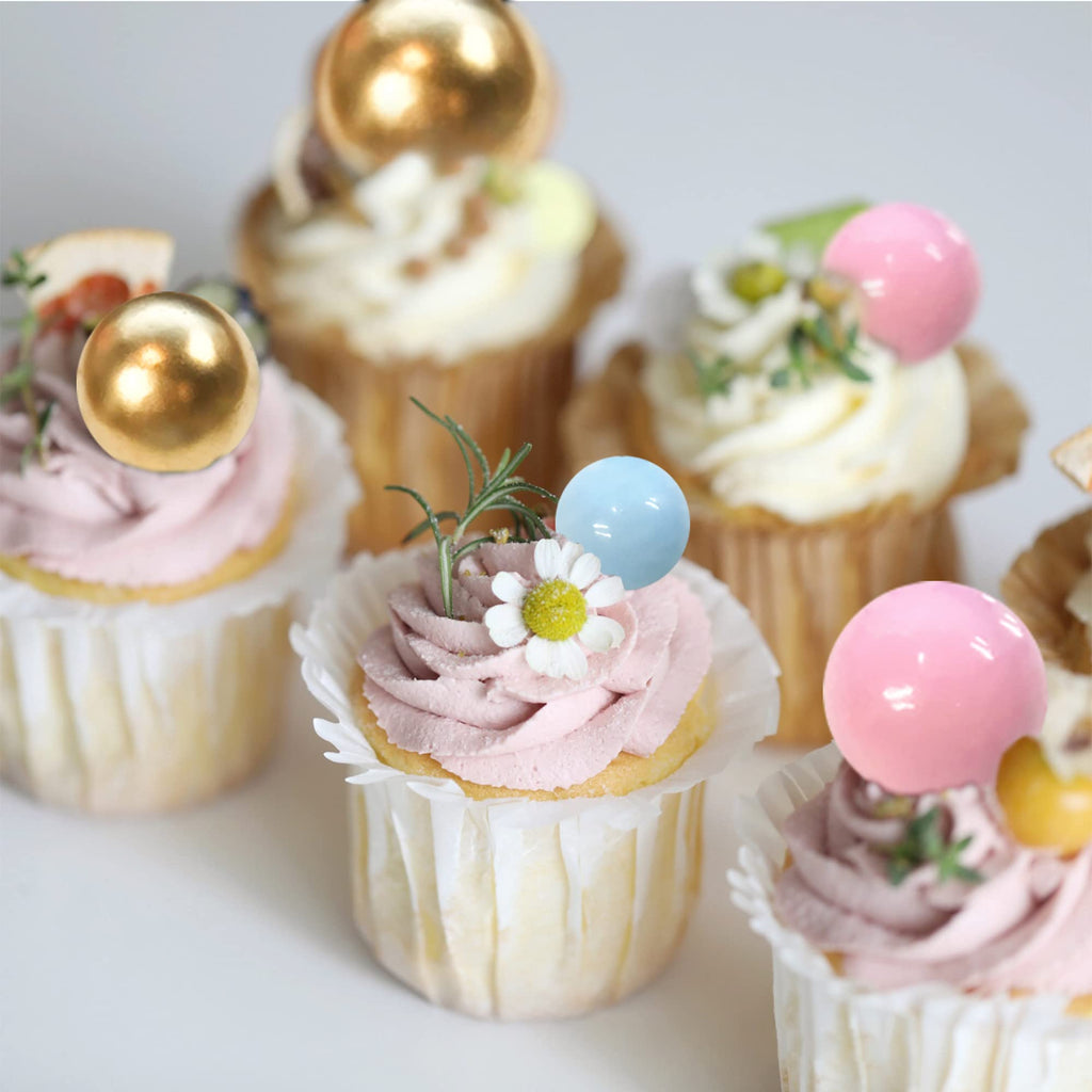 RASSLISA Ball Cake Toppers - Colorful Pearl Ball Picks (Gold Pink Blue) | 4 Sizes, 32-Pack