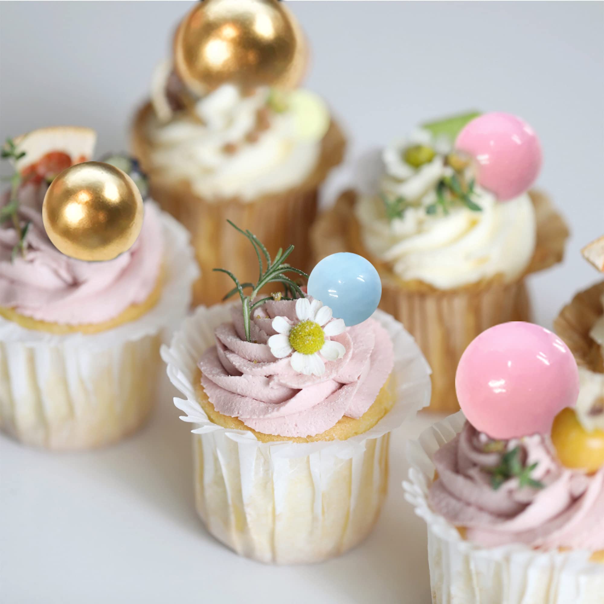 RASSLISA Ball Cake Toppers - Colorful Pearl Ball Picks (Gold Pink Blue) | 4 Sizes, 32-Pack