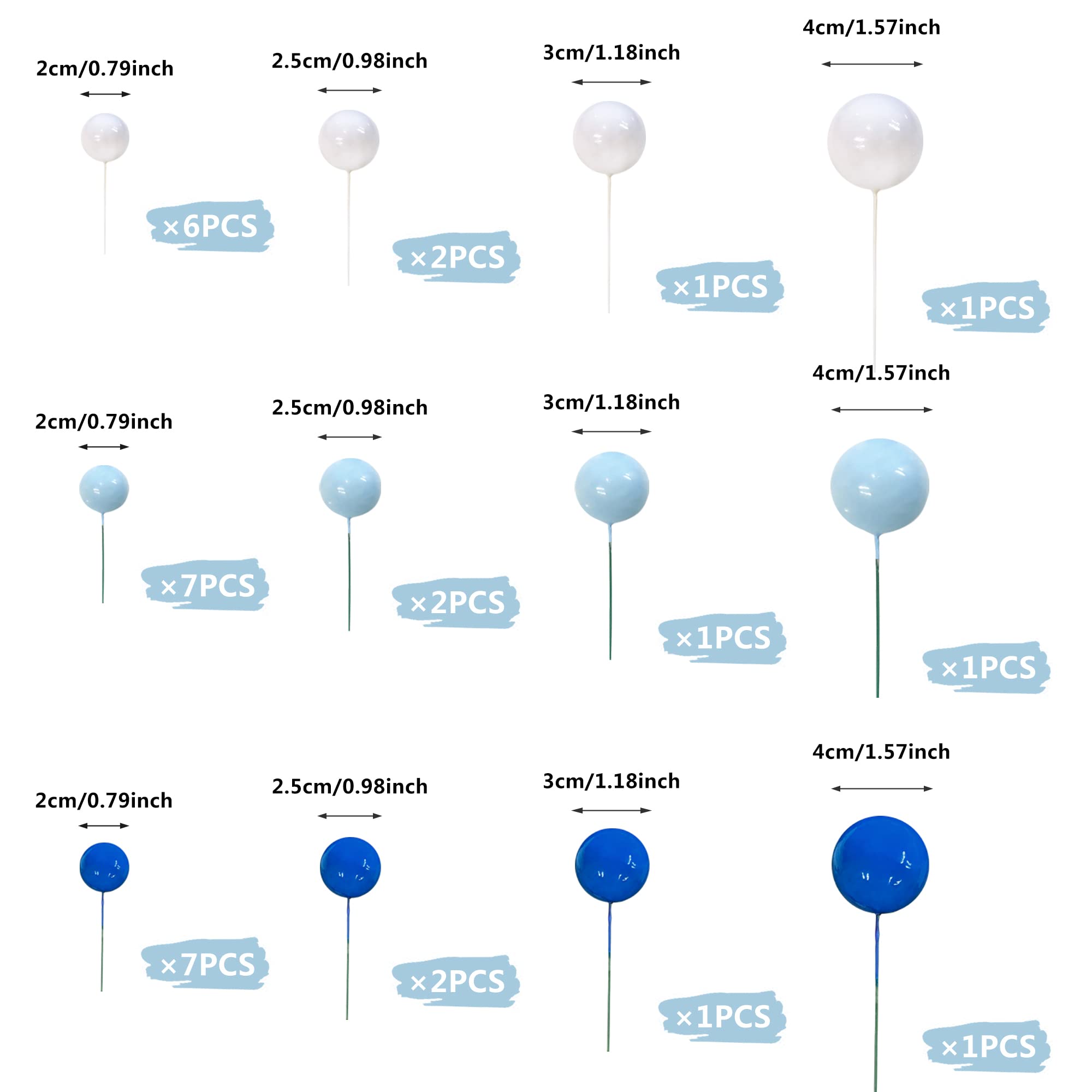 RASSLISA Ball Cake Topper Set | Colorful Pearl Ball Picks for Birthday, Wedding & Party (Blue White Dark Blue)