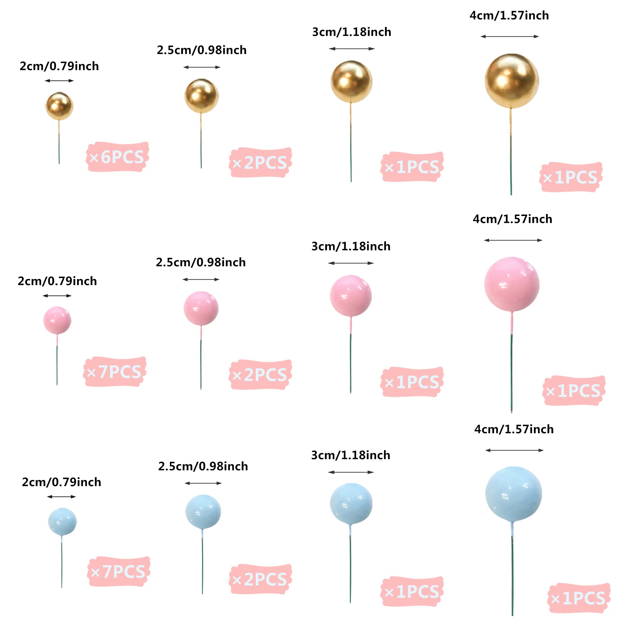 RASSLISA Ball Cake Toppers - Colorful Pearl Ball Picks (Gold Pink Blue) | 4 Sizes, 32-Pack