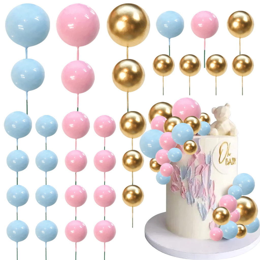RASSLISA Ball Cake Toppers - Colorful Pearl Ball Picks (Gold Pink Blue) | 4 Sizes, 32-Pack