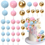 RASSLISA Ball Cake Toppers - Colorful Pearl Ball Picks (Gold Pink Blue) | 4 Sizes, 32-Pack