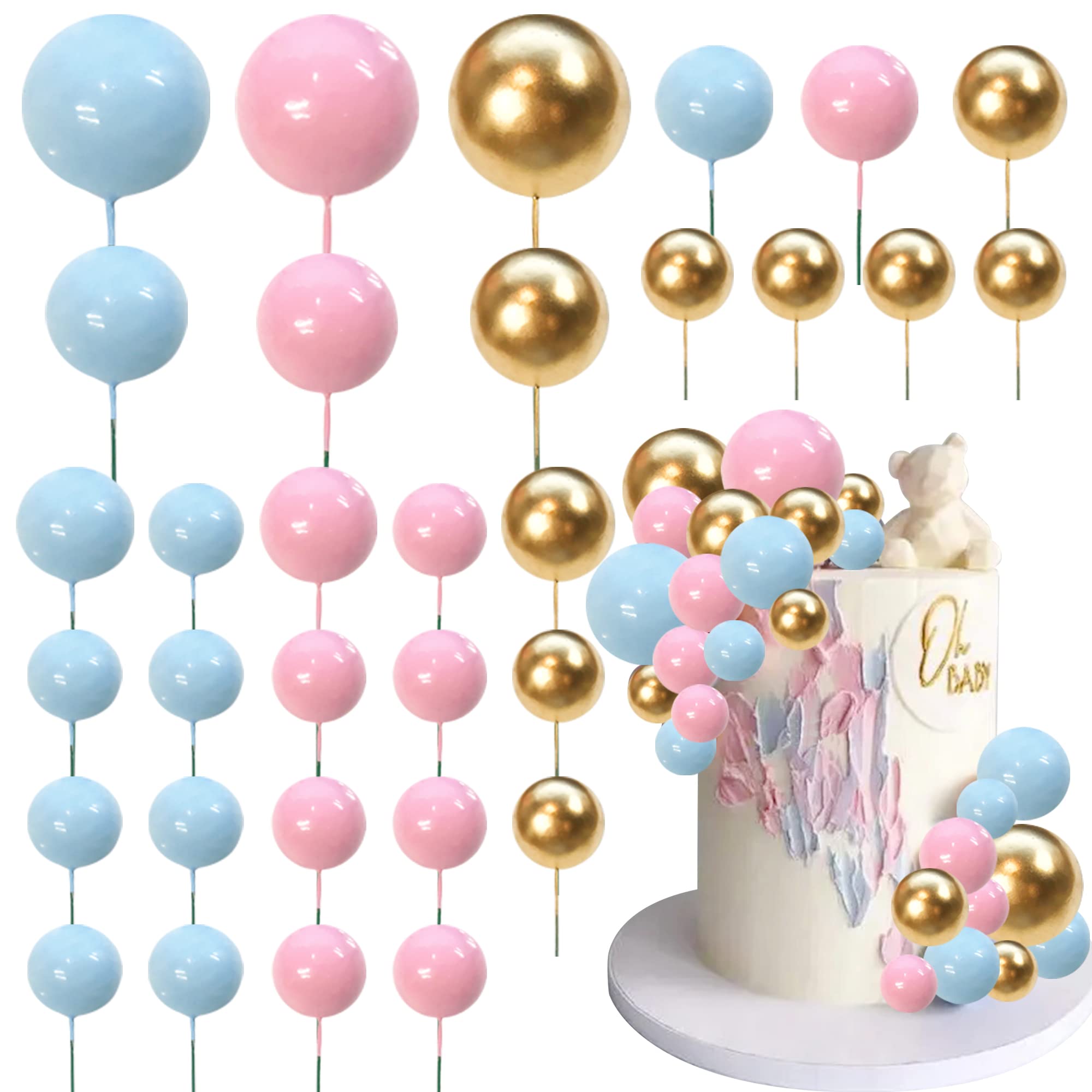 RASSLISA Ball Cake Toppers - Colorful Pearl Ball Picks (Gold Pink Blue) | 4 Sizes, 32-Pack