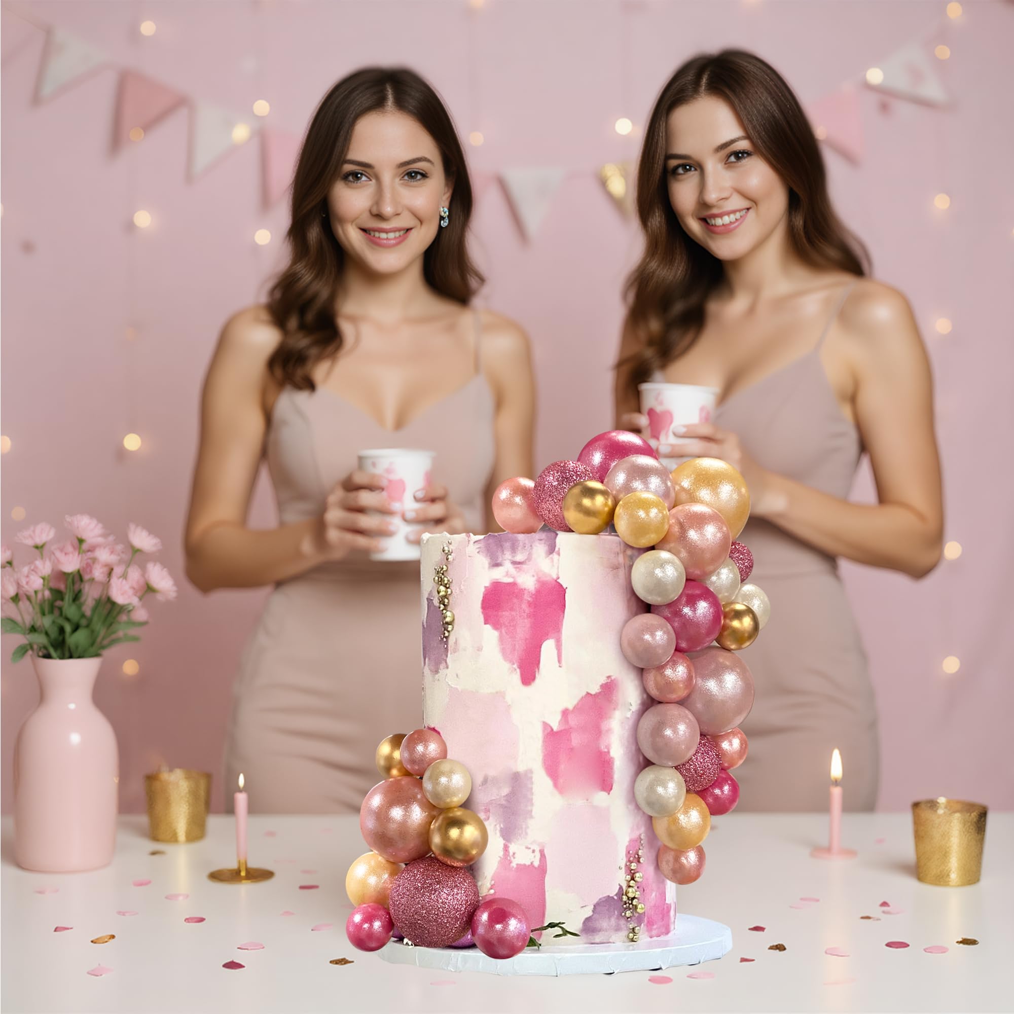 RASSLISA 56 PCS Colorful Ball Cake Toppers – 4 Sizes, 7 Colors for Birthday & Wedding