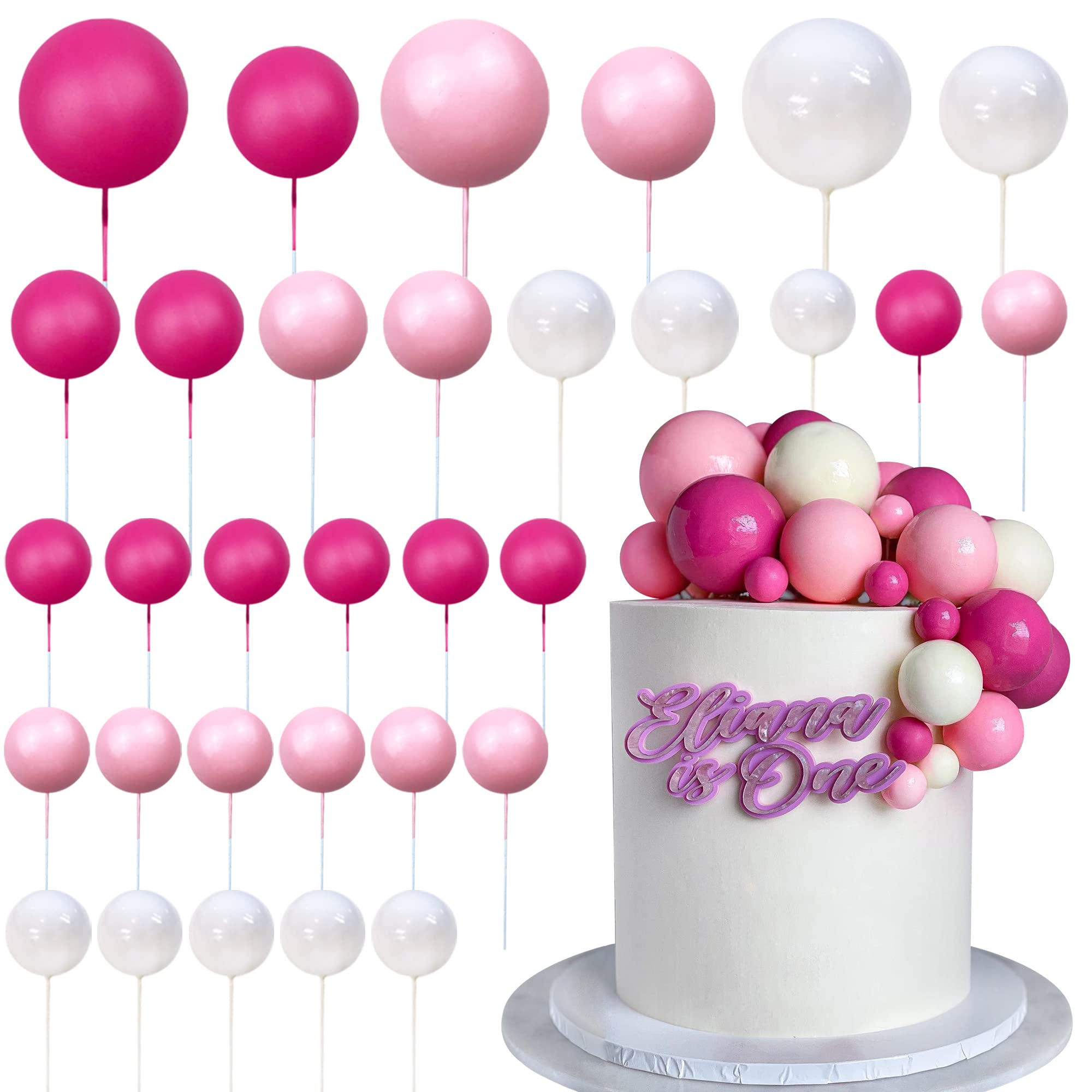 RASSLISA Ball Cake Topper Set – Colorful Pearl Ball Picks for Bear Theme Parties (Pink/White/Hot Pink)