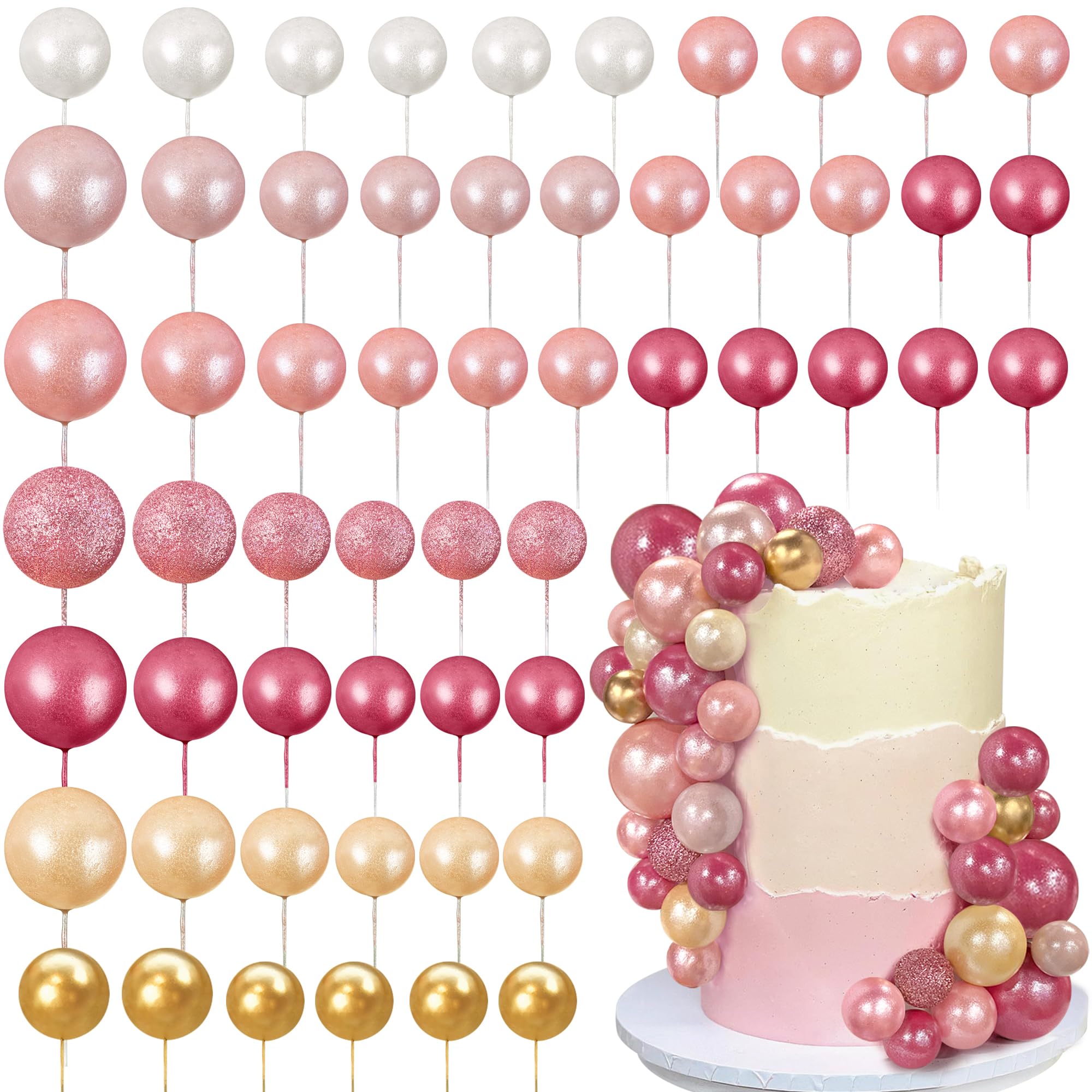 RASSLISA 56 PCS Colorful Ball Cake Toppers – 4 Sizes, 7 Colors for Birthday & Wedding