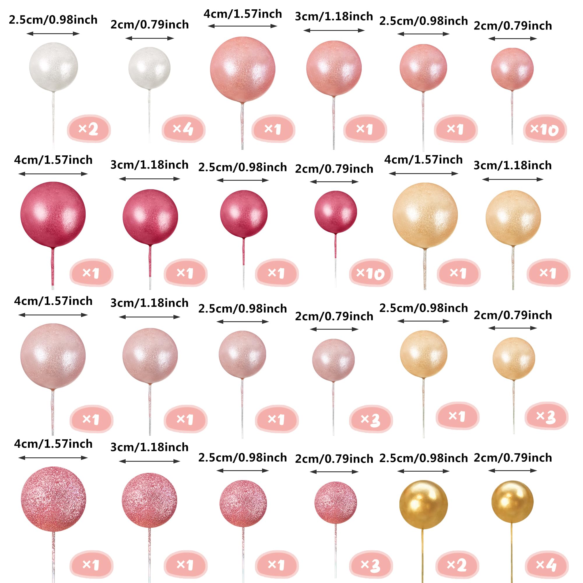 RASSLISA 56 PCS Colorful Ball Cake Toppers – 4 Sizes, 7 Colors for Birthday & Wedding