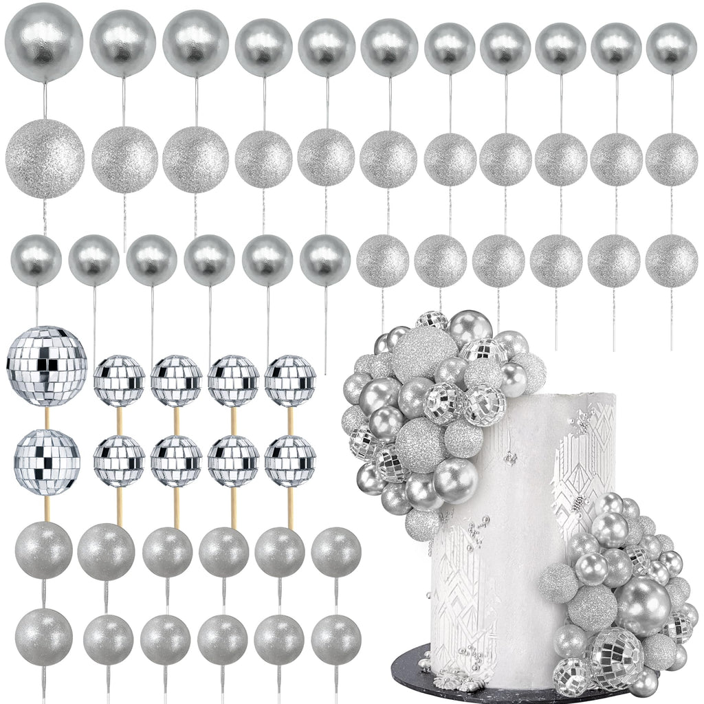 RASSLISA 56 PCS Ball Shaped Cake Toppers – Silver Pearl Ball Picks for Cakes & Desserts