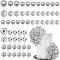 RASSLISA 56 PCS Ball Shaped Cake Toppers – Silver Pearl Ball Picks for Cakes & Desserts