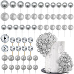 RASSLISA 56 PCS Ball Shaped Cake Toppers – Silver Pearl Ball Picks for Cakes & Desserts