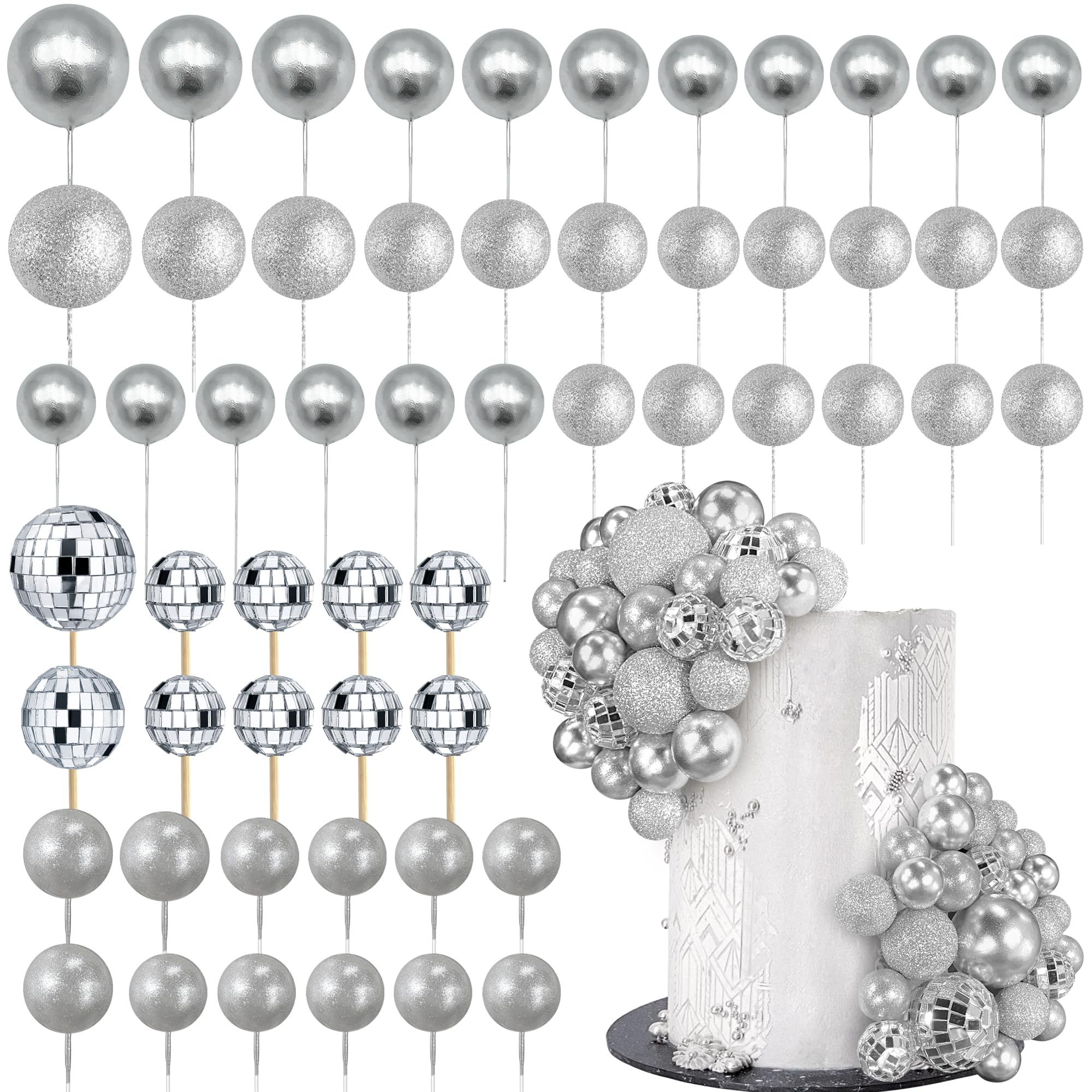 RASSLISA 56 PCS Ball Shaped Cake Toppers – Silver Pearl Ball Picks for Cakes & Desserts