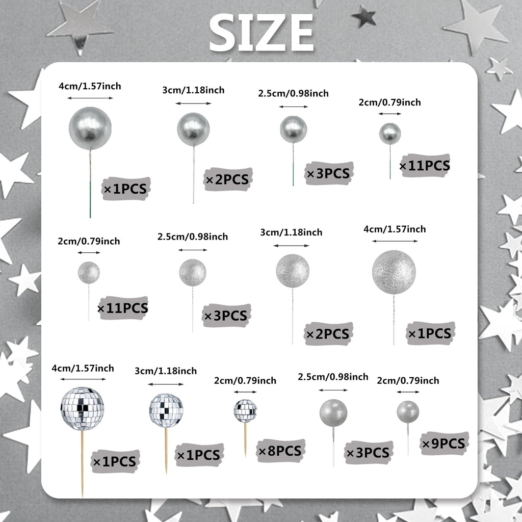 RASSLISA 56 PCS Ball Shaped Cake Toppers – Silver Pearl Ball Picks for Cakes & Desserts