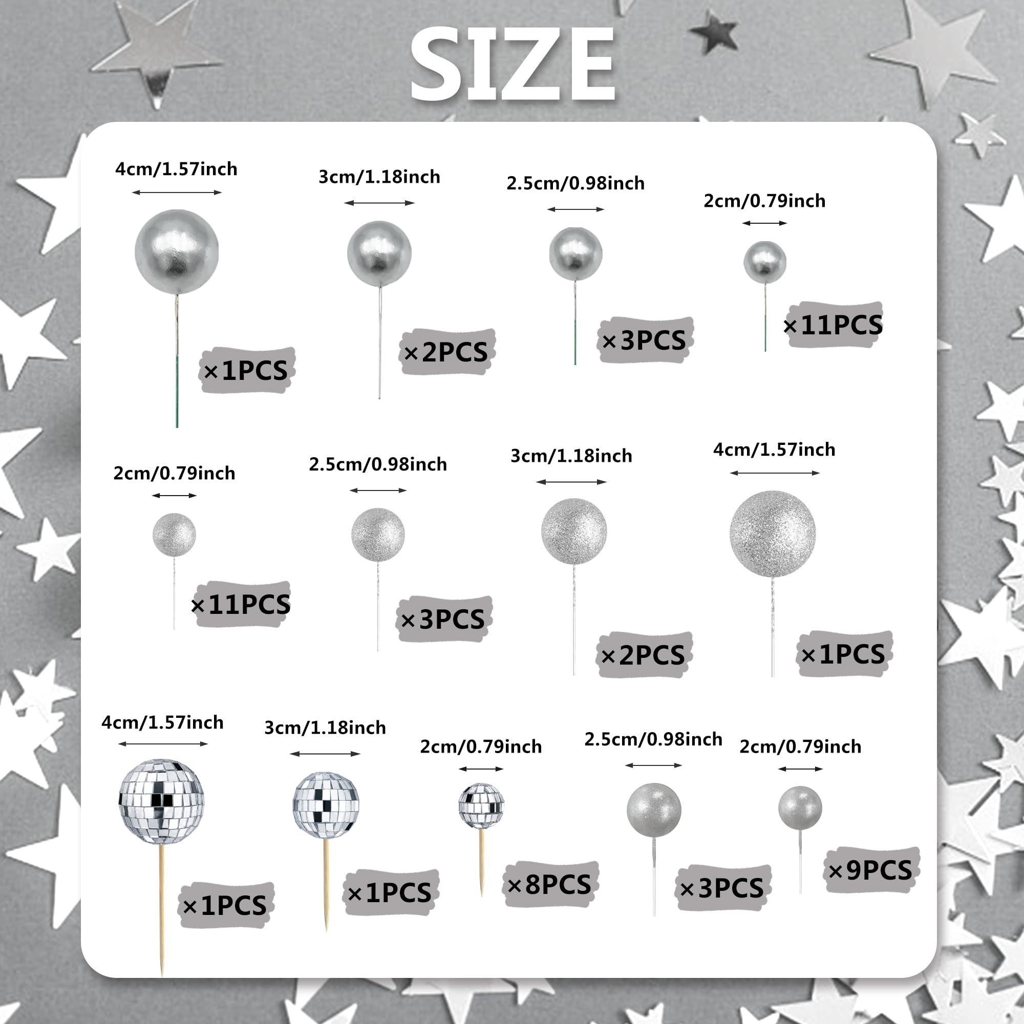 RASSLISA 56 PCS Ball Shaped Cake Toppers – Silver Pearl Ball Picks for Cakes & Desserts