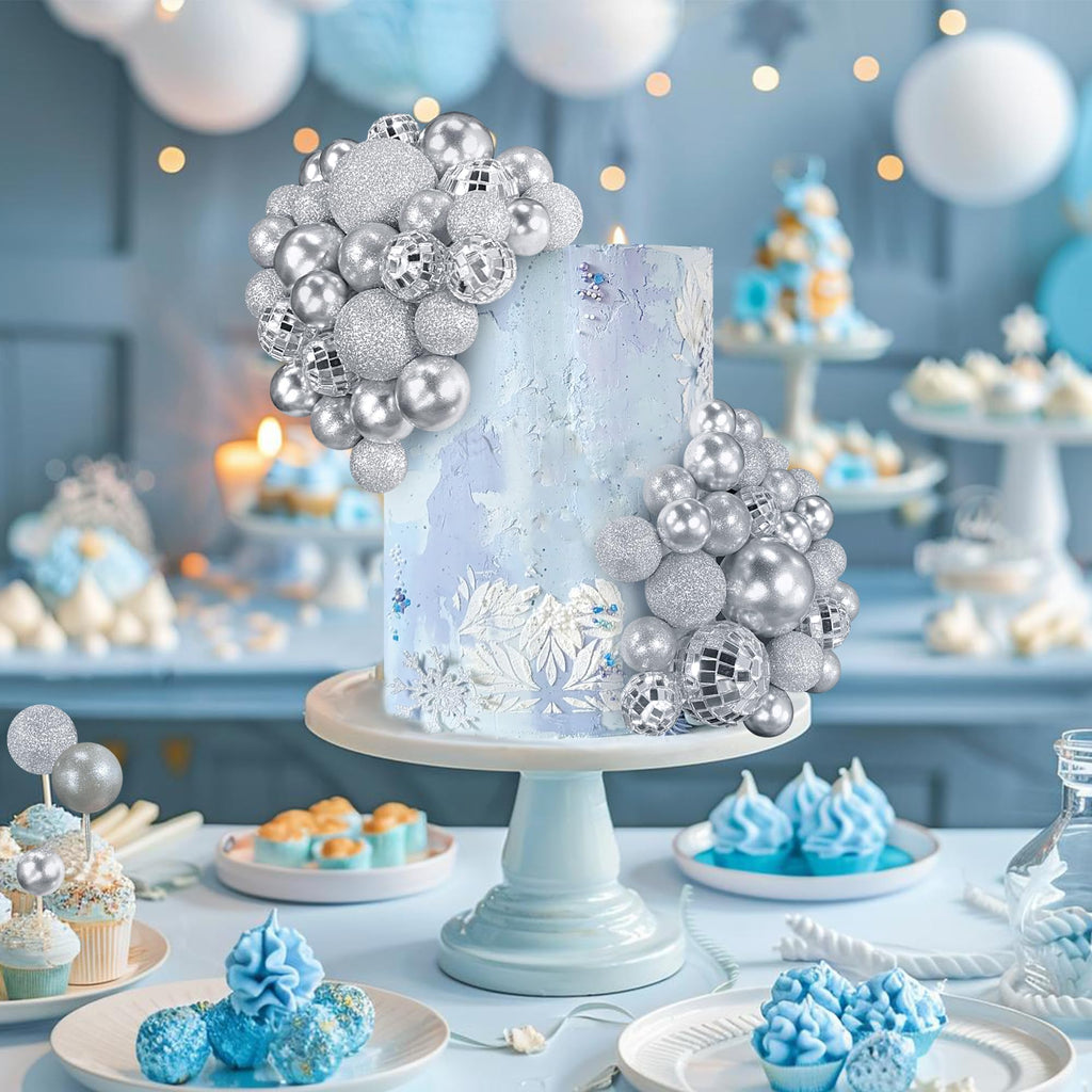 RASSLISA 56 PCS Ball Shaped Cake Toppers – Silver Pearl Ball Picks for Cakes & Desserts