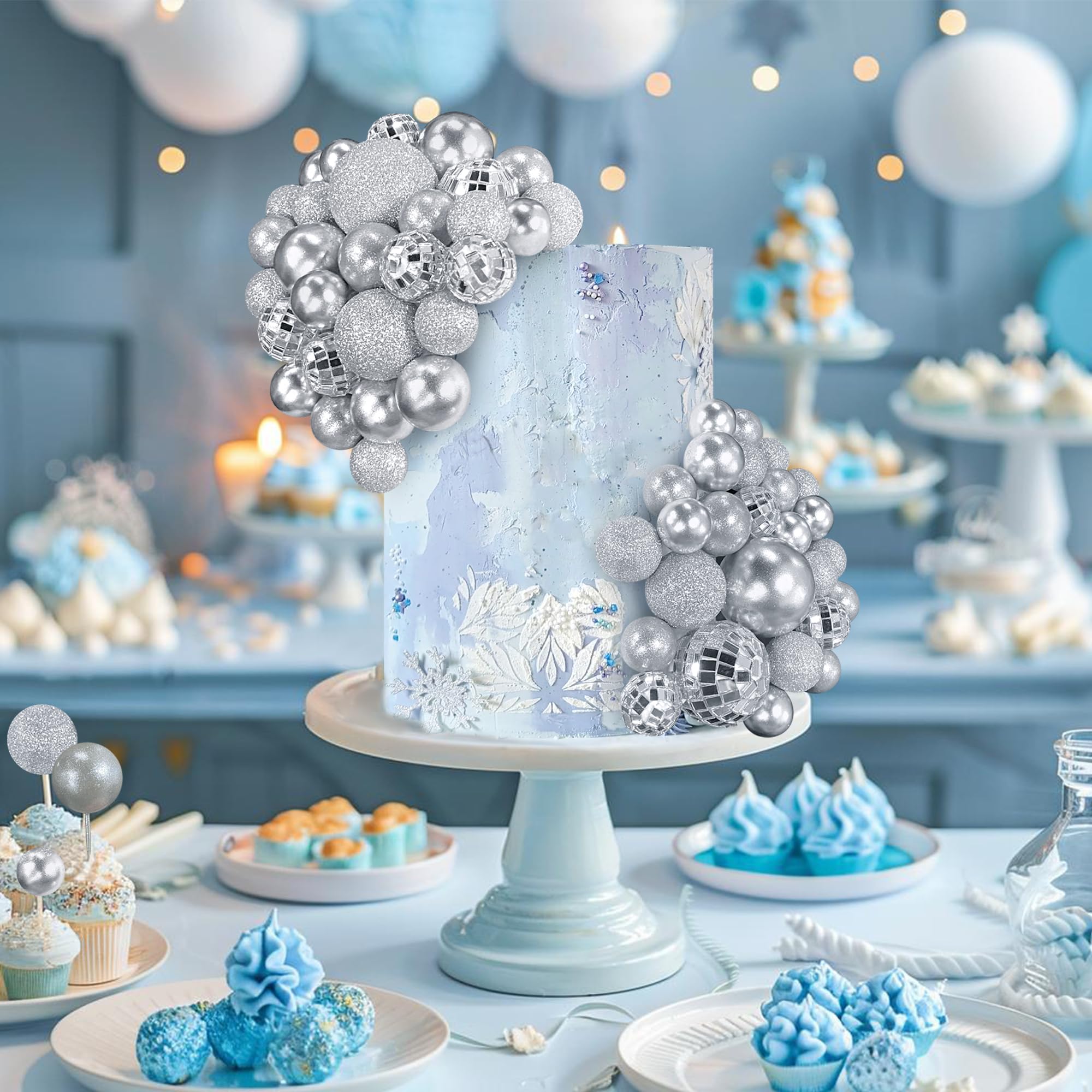 RASSLISA 56 PCS Ball Shaped Cake Toppers – Silver Pearl Ball Picks for Cakes & Desserts